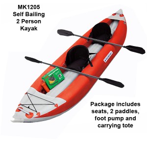 Red color. Kayak comes with two paddles, pump, carrying tote, seats and repair kit.