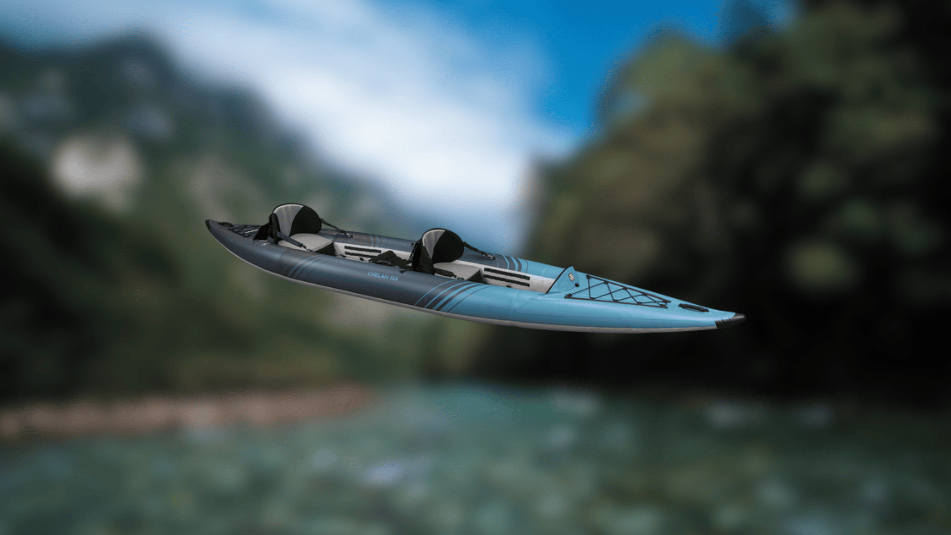 A blue and grey Aquaglide Chelan 155 inflatable tandem kayak.