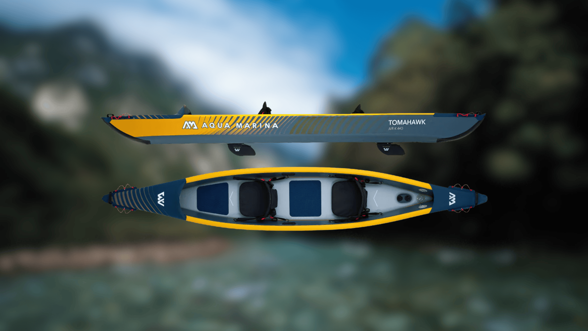 Side and top-down views of a yellow and grey Aqua Marina Tomahawk AIR-K 440 inflatable kayak.