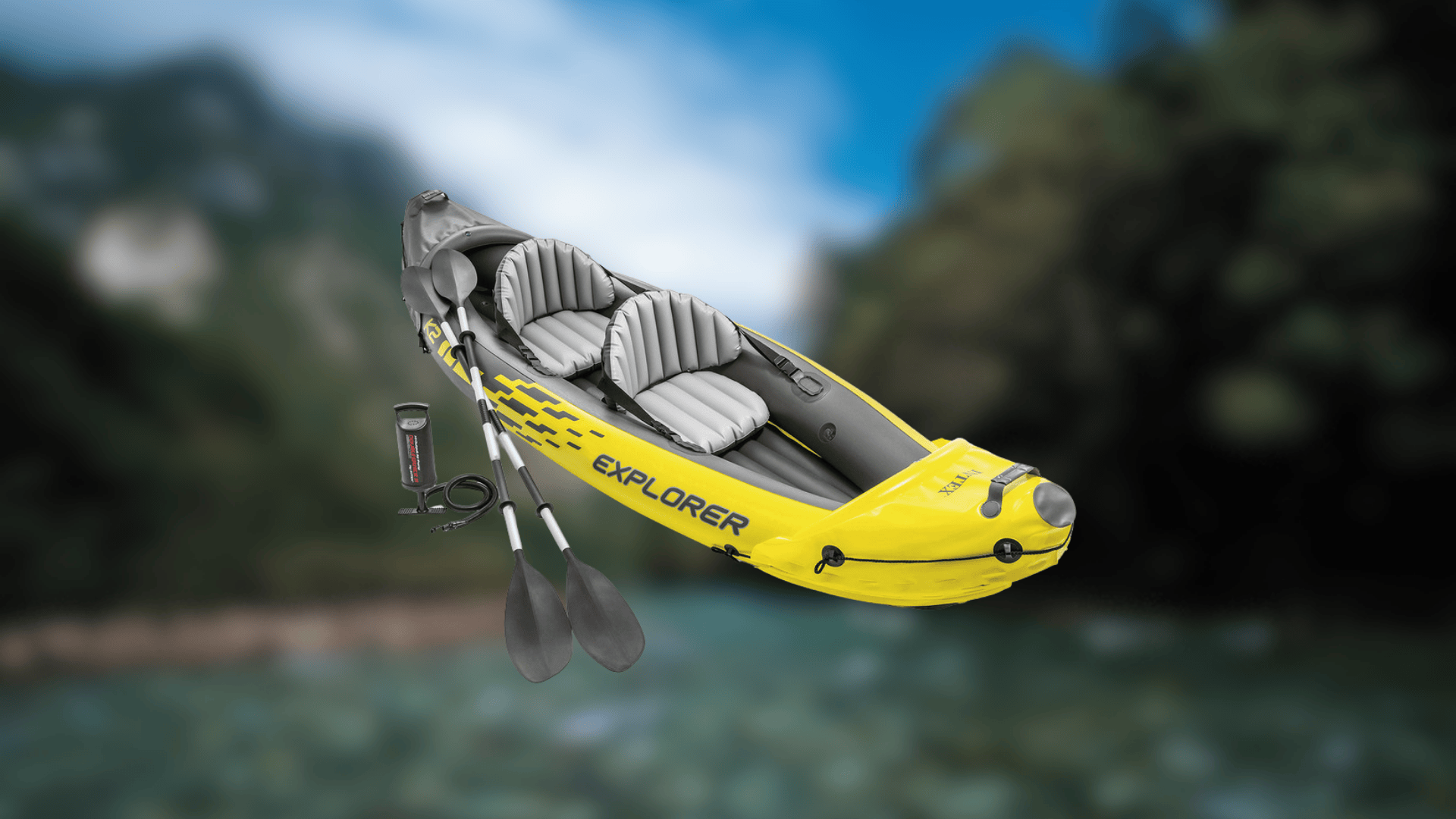 Yellow and grey Intex Explorer K2 inflatable tandem kayak with two paddles and a manual pump.