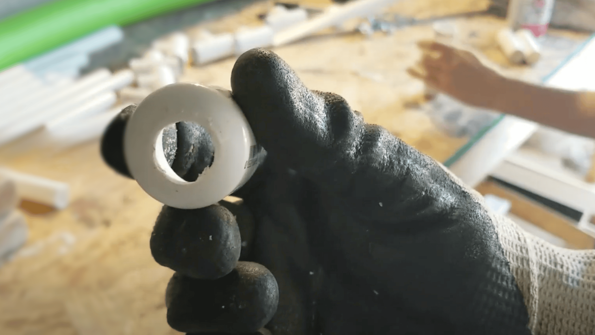 drill a 5 8 hole through two of the pvc end caps