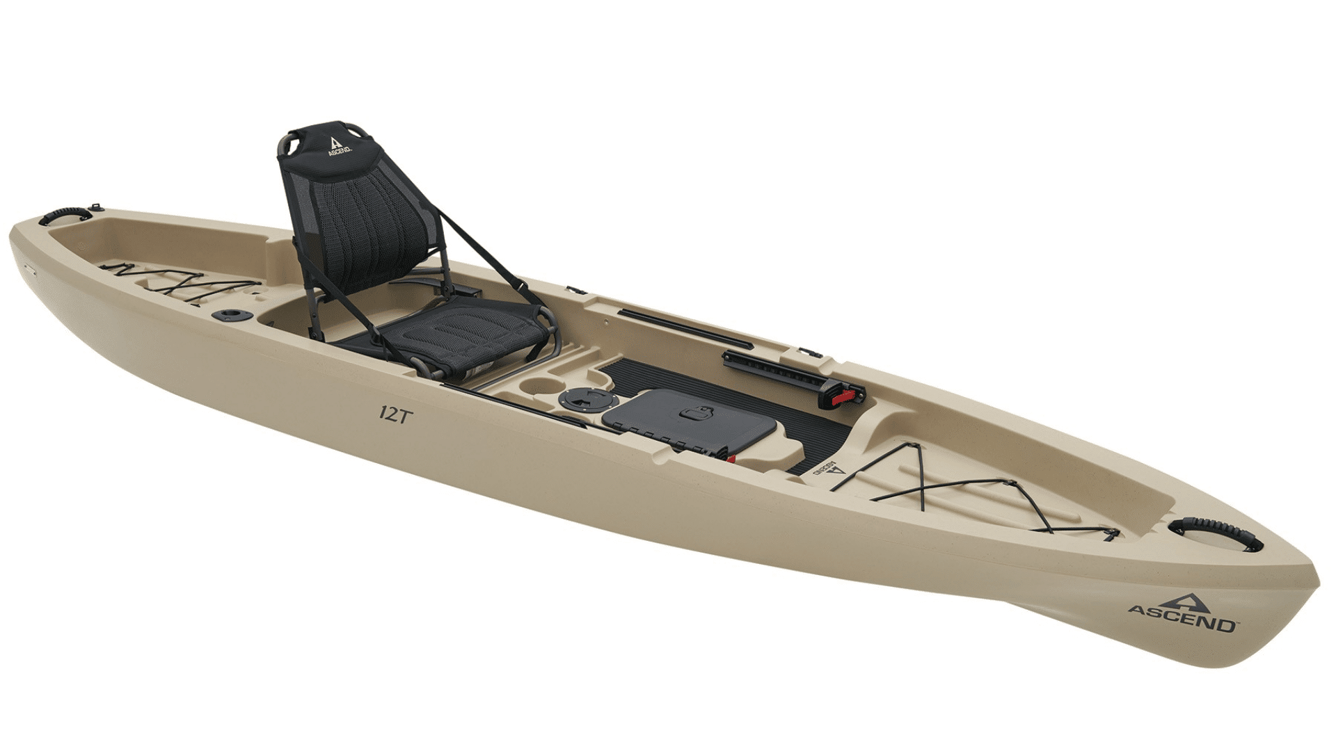 A beige sit-on-top fishing kayak with raised mesh seat, storage hatches, bungee rigging, foot braces, and accessory rails in angled view