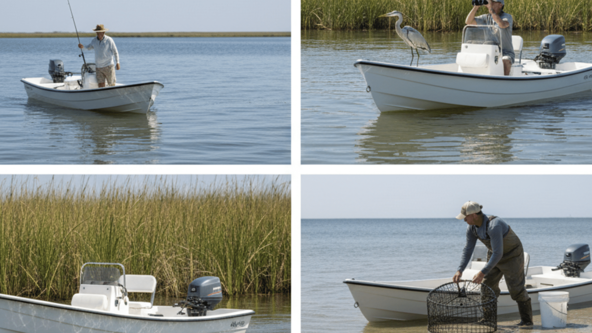 A four-image collage showing a small white motorboat being used for fishing, birdwatching, and crabbing in a coastal environment.