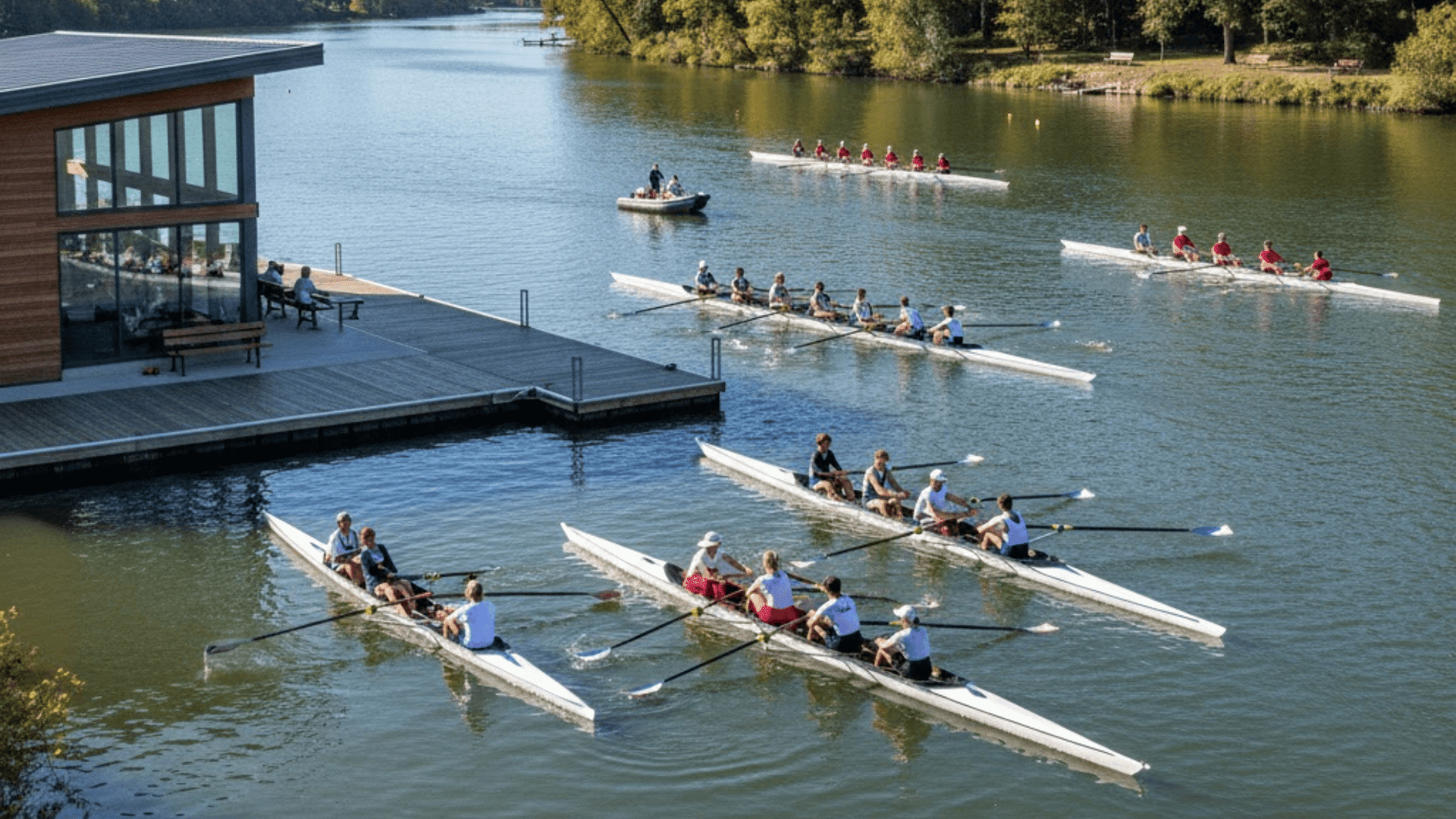 Multiple rowing crews practice on a wide river.