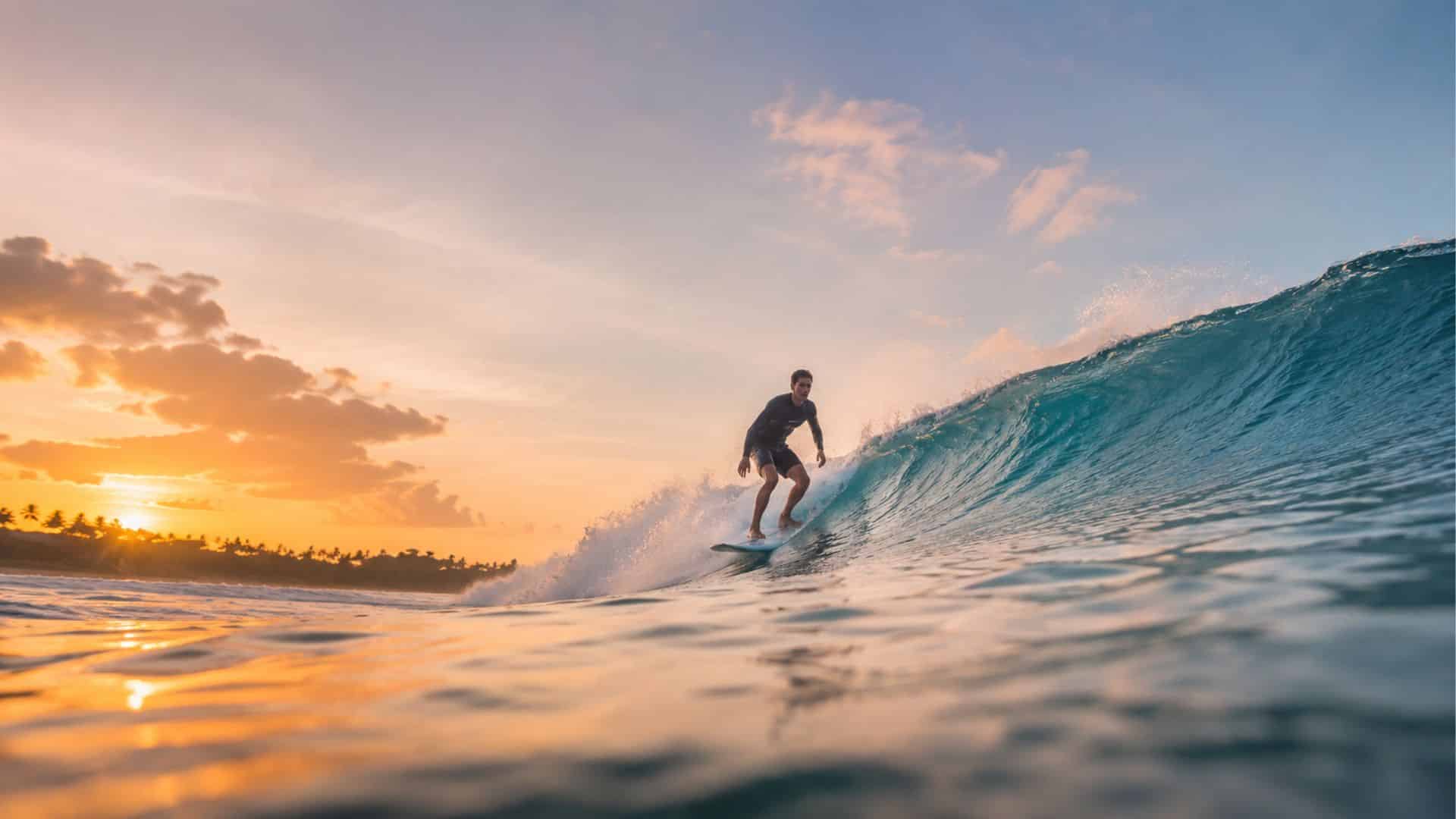 Surfer riding a turquoise wave at sunset with golden light reflecting across the ocean