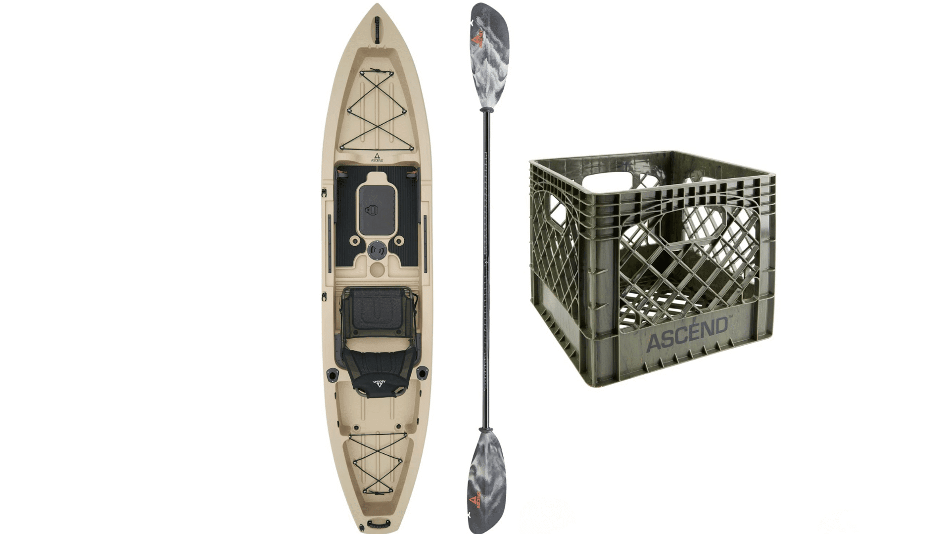 Top-down view of a beige sit-on-top kayak alongside a double-bladed paddle and a plastic storage crate