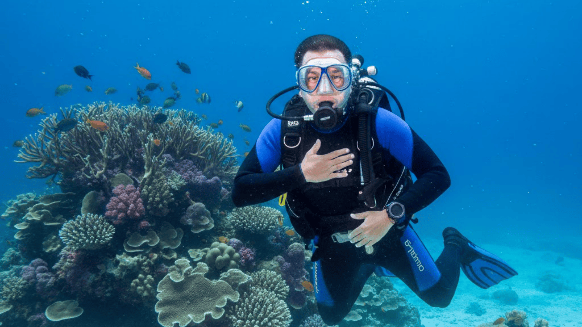 scuba thumbs hand on heart hand signal