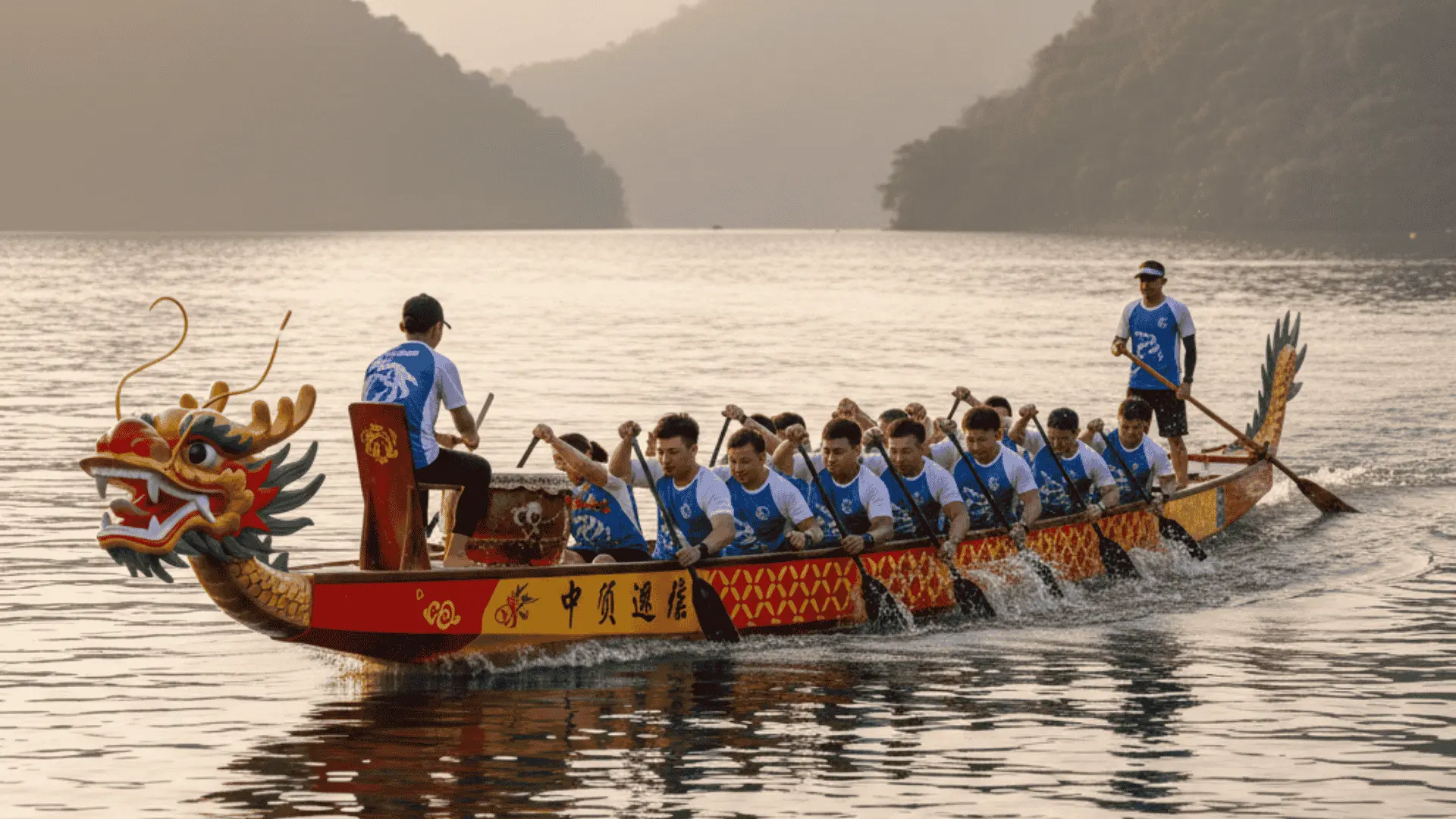 A dragon boat glides through the water, with paddlers synchronizing their strokes for a smooth ride