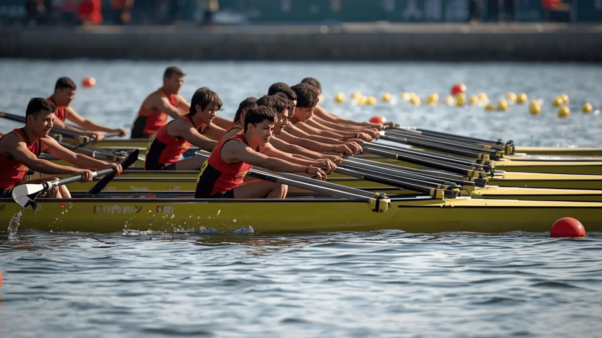 A group of rowers paddling together in a colorful dragon boat on a calm water surface