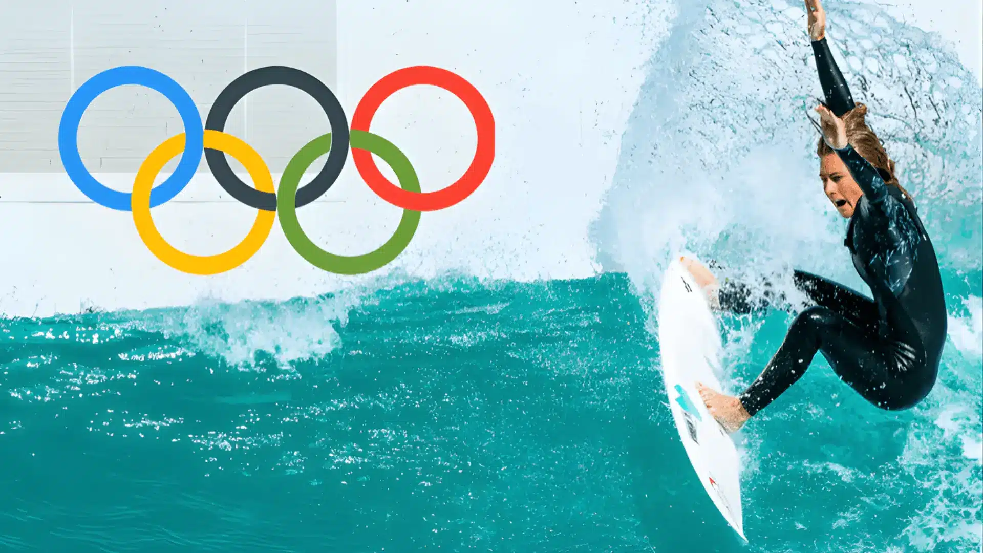 A surfer rides a wave with the Olympic rings displayed in the background, symbolizing surfing’s debut at Tokyo 2020.