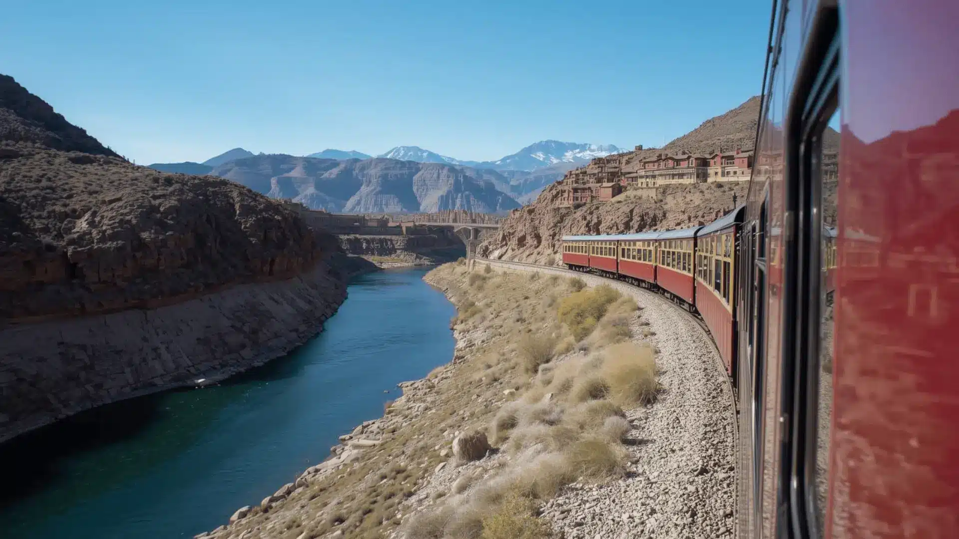 A train journeys through a canyon, framed by towering mountains, highlighting the stunning landscapes of Colorado's historic rail routes