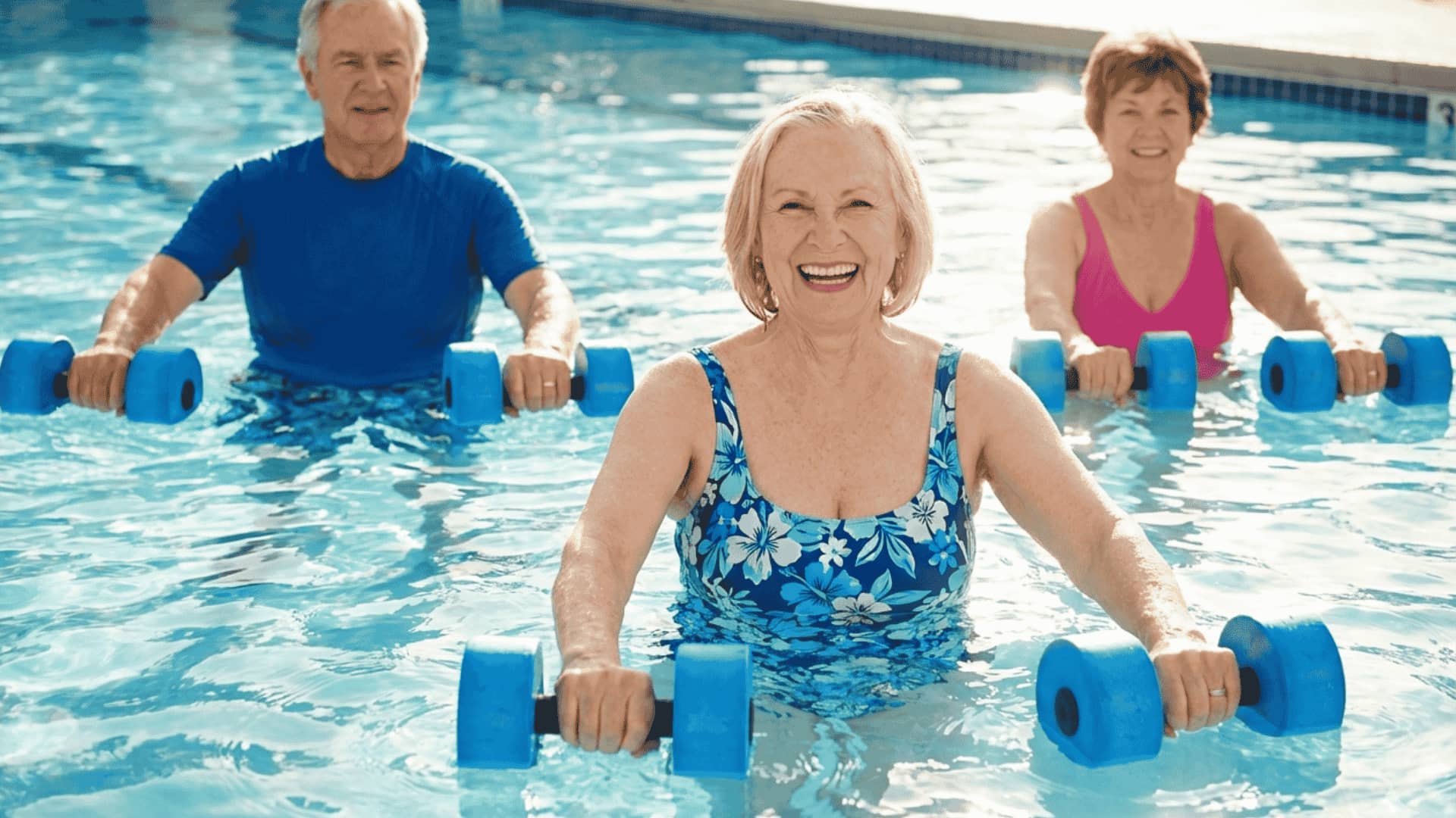 People performing aqua intervals in deep water, quick cadence, and strong arms, high-intensity water running with no impact