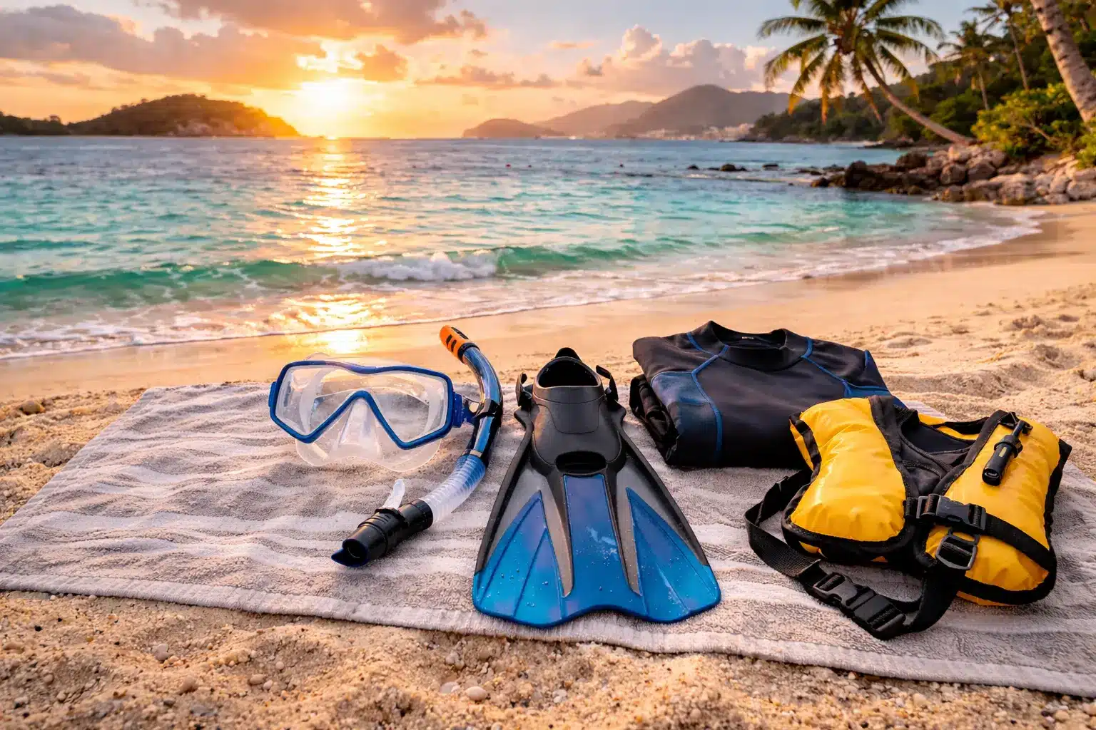 Beach scene featuring a snorkel, fins, and a life jacket, essential gear for a safe and enjoyable snorkeling outing