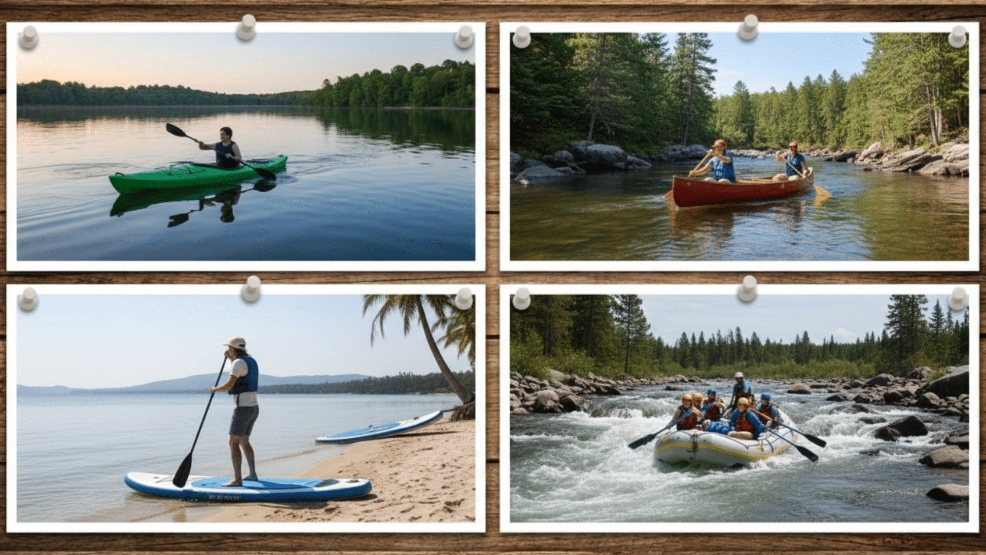 Collage of kayaking, canoeing, paddleboarding, and rafting across calm waters.