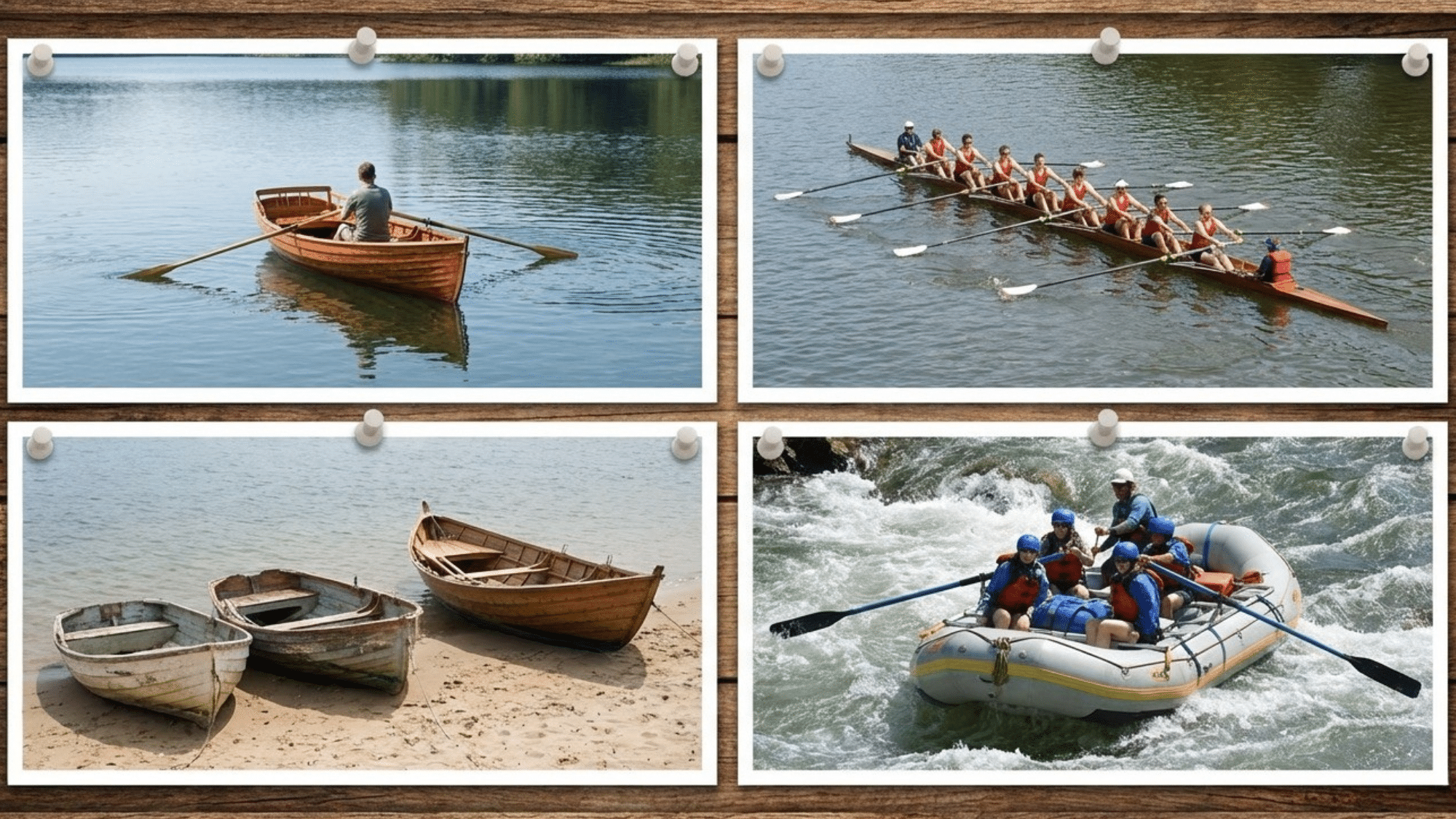 Collage showing kayaking, canoeing, paddleboarding, and rafting in river scenes.