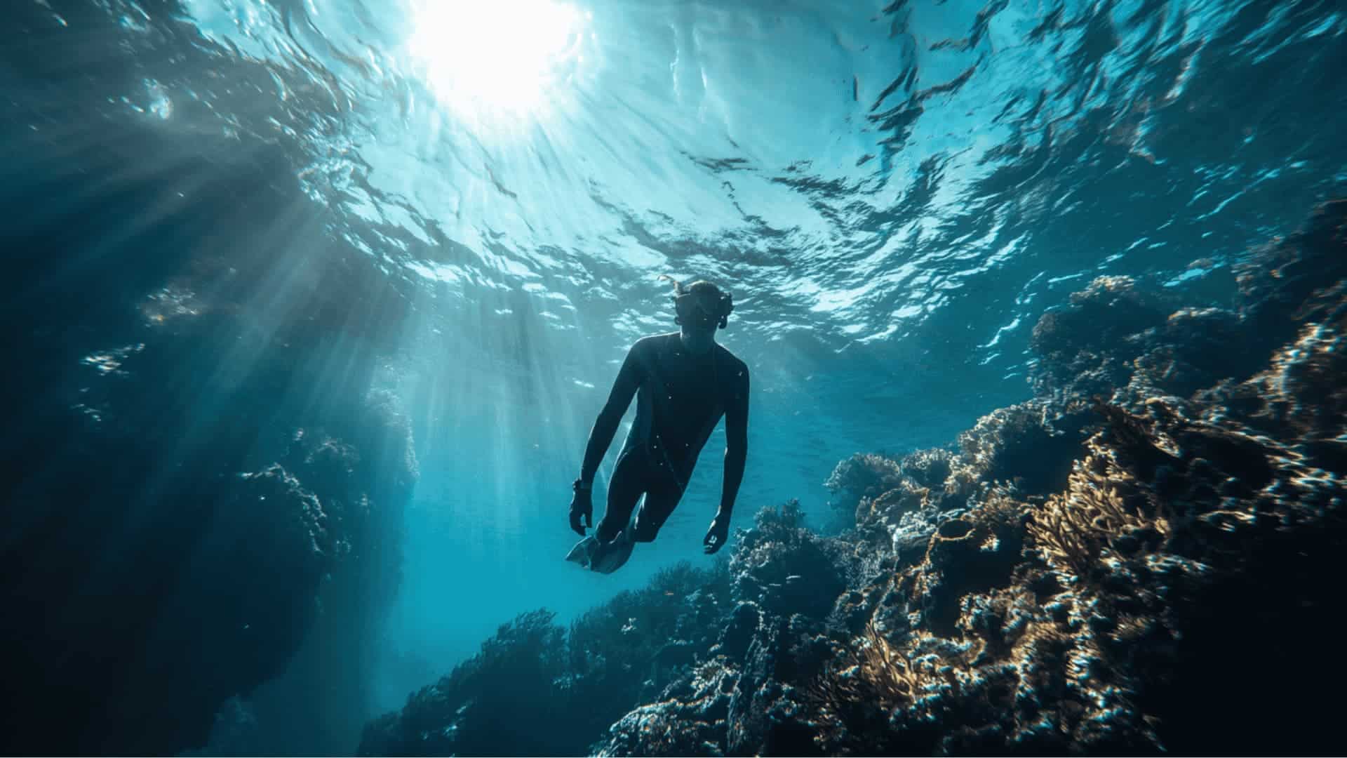 Free diver descending vertically in open blue water on a single breath, minimal gear, calm and focused posture, deep ocean background