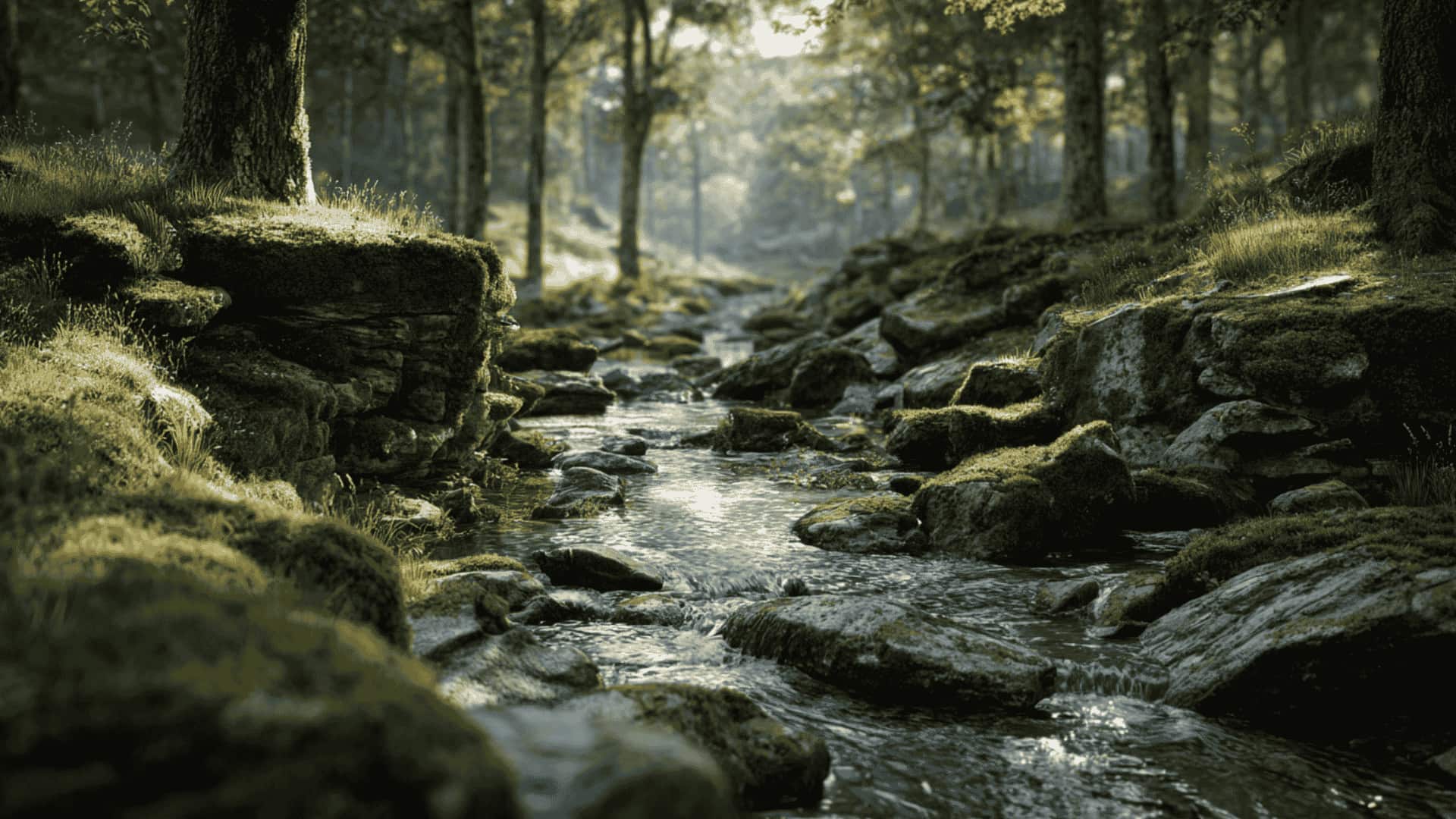 Forest stream with gentle running water over smooth stones, calming nature scene for relaxation and focus