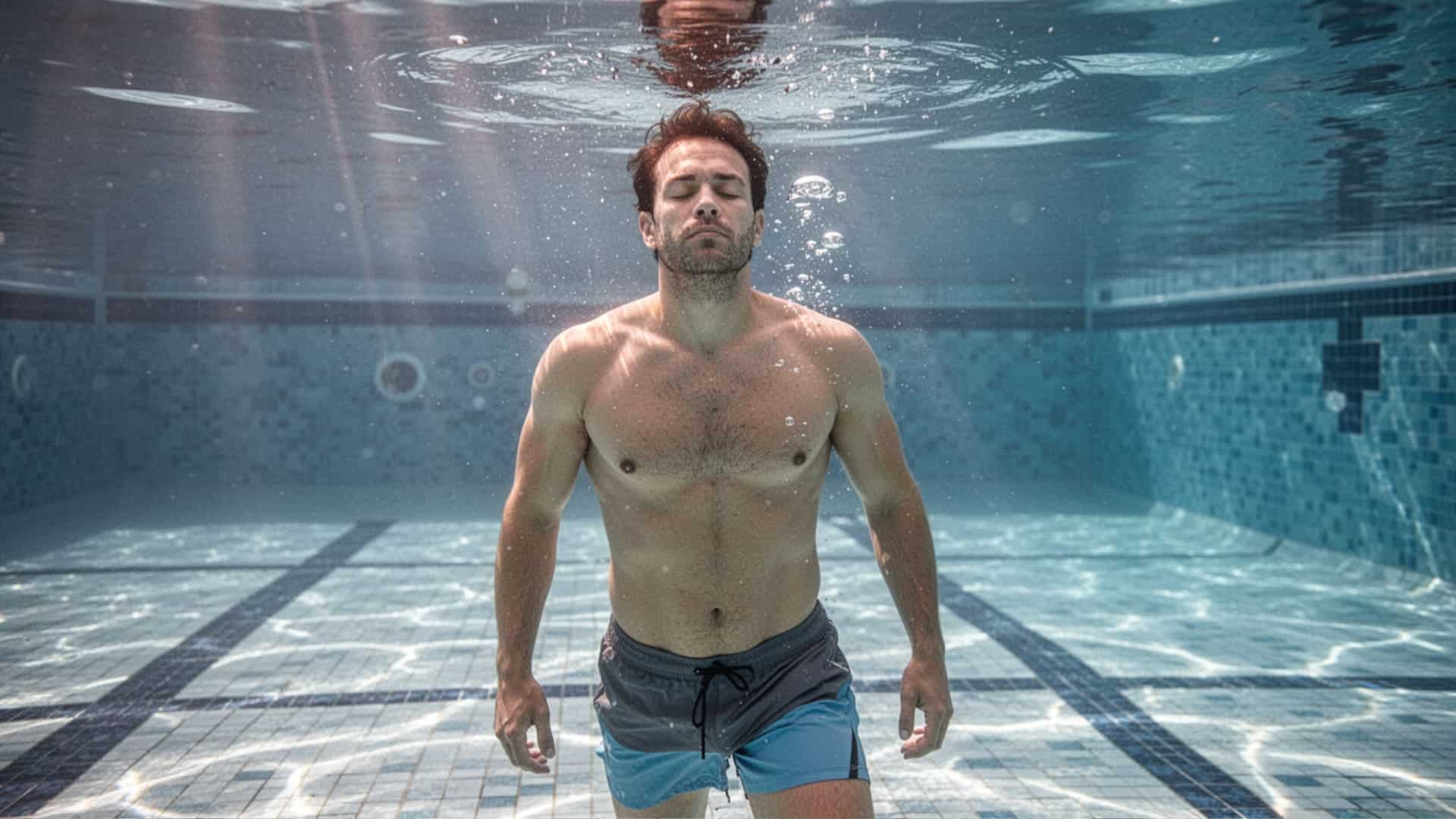 Man standing underwater in a tiled swimming pool and holding his breath, with bubbles around him