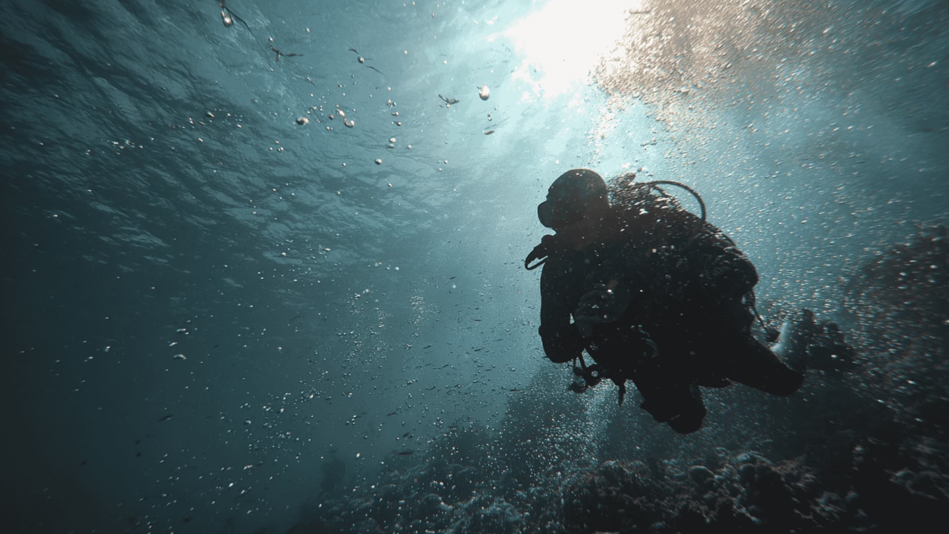 Deep sea diver swimming calmly at moderate ocean depth with natural blue water and standard gear.