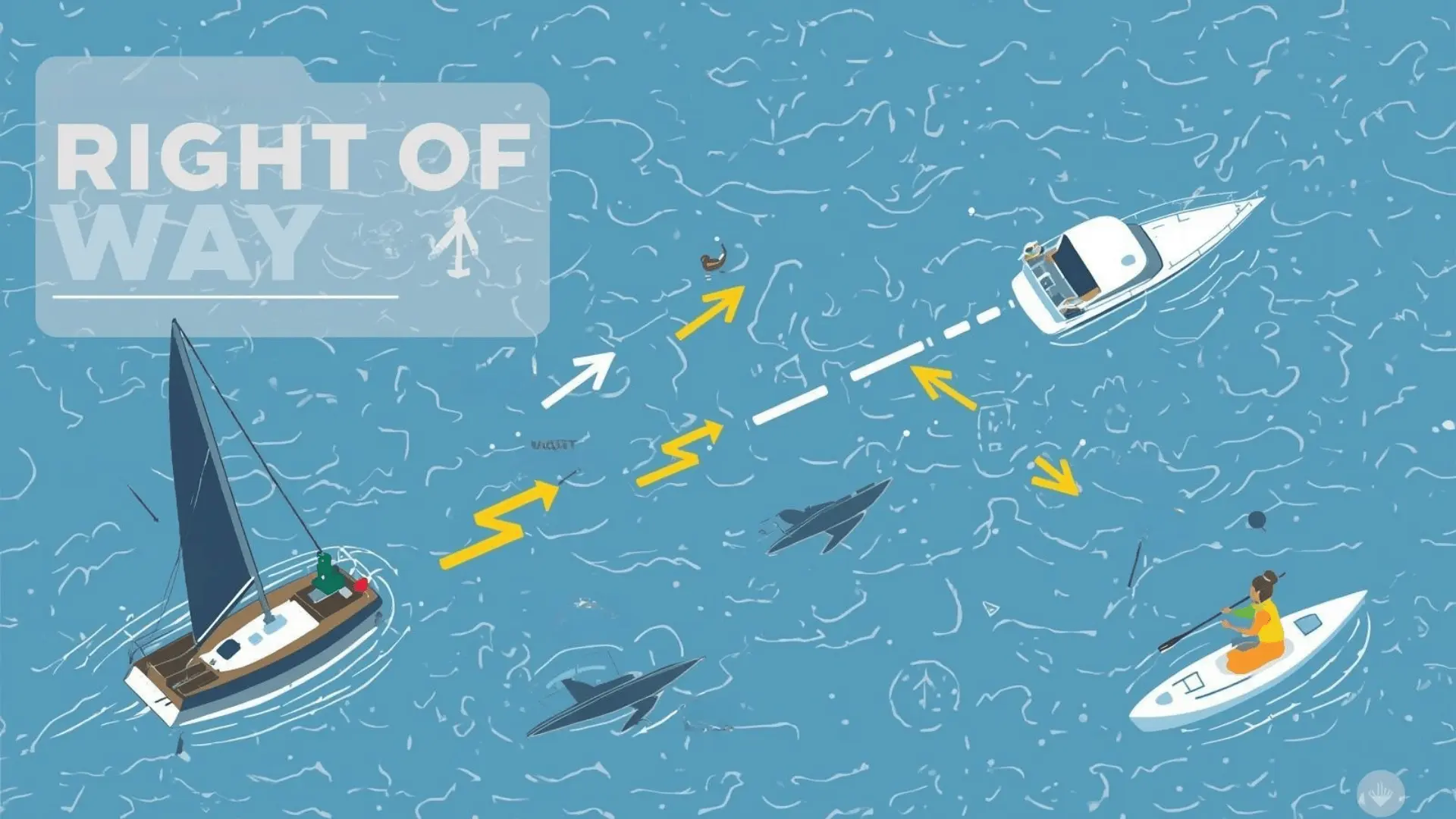 Illustration of sailboats and powerboats showing right-of-way rules and give-way directions to avoid collision.