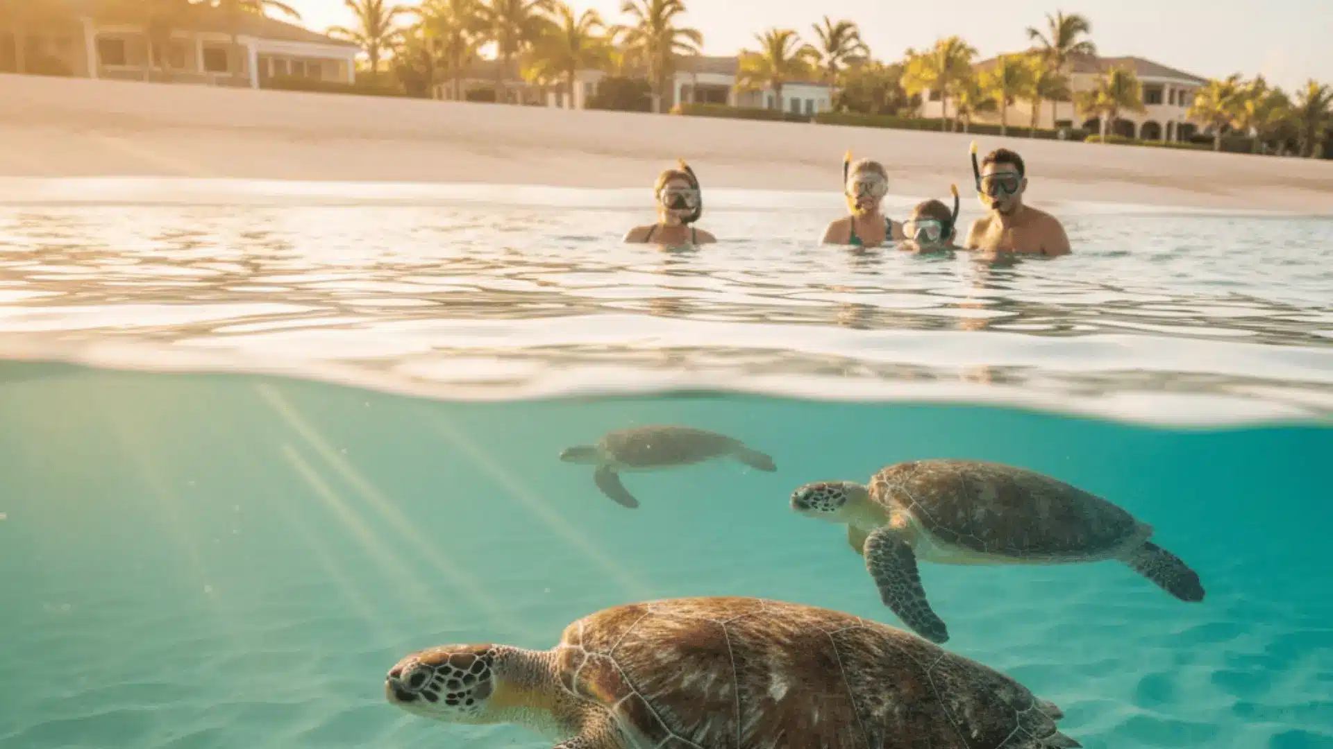 Family snorkelers floating near shore while green sea turtles swim in clear, shallow water