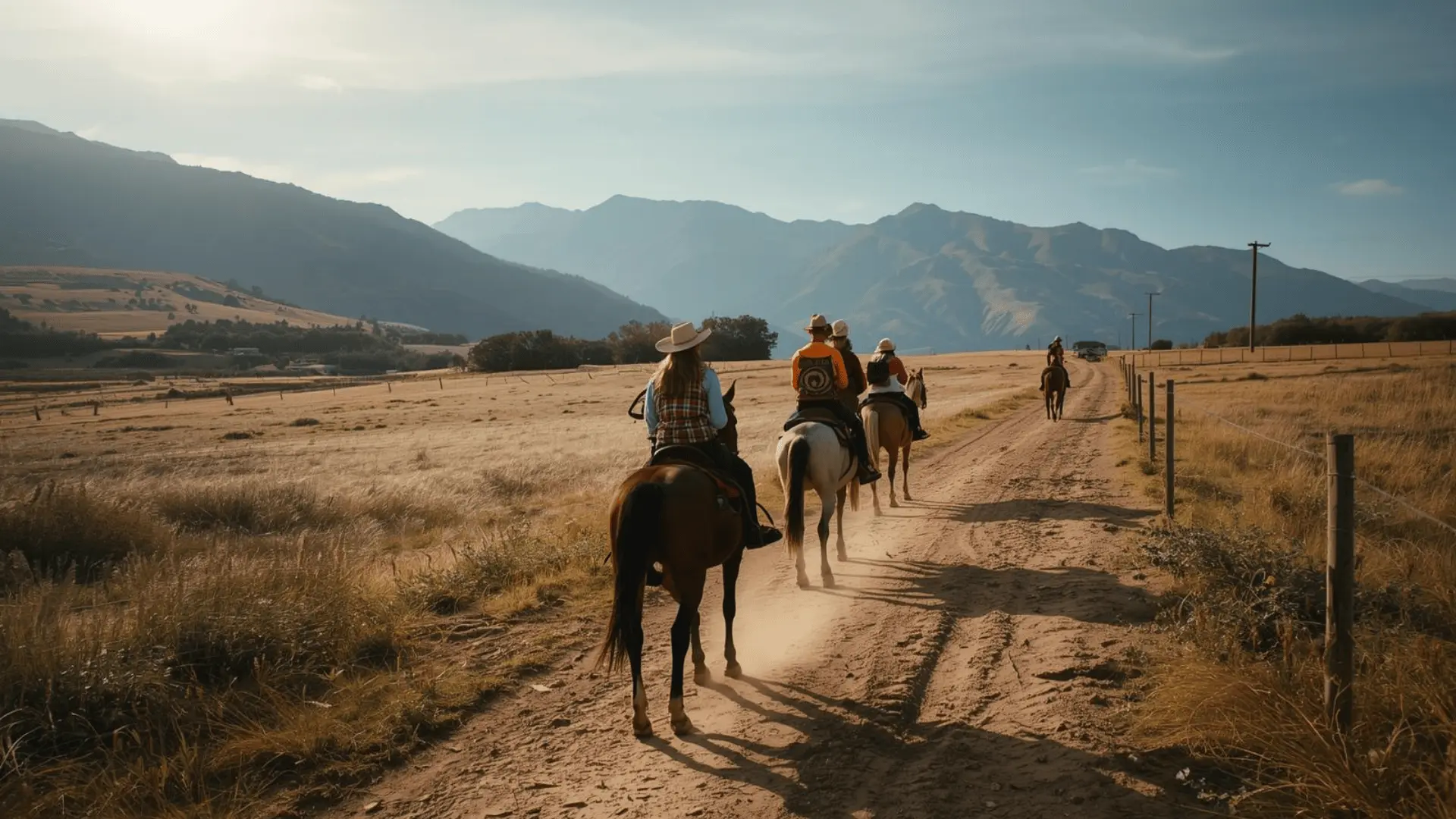 People riding horses along a road, enjoying scenic views of Colorado's mountains and valleys during guided trips