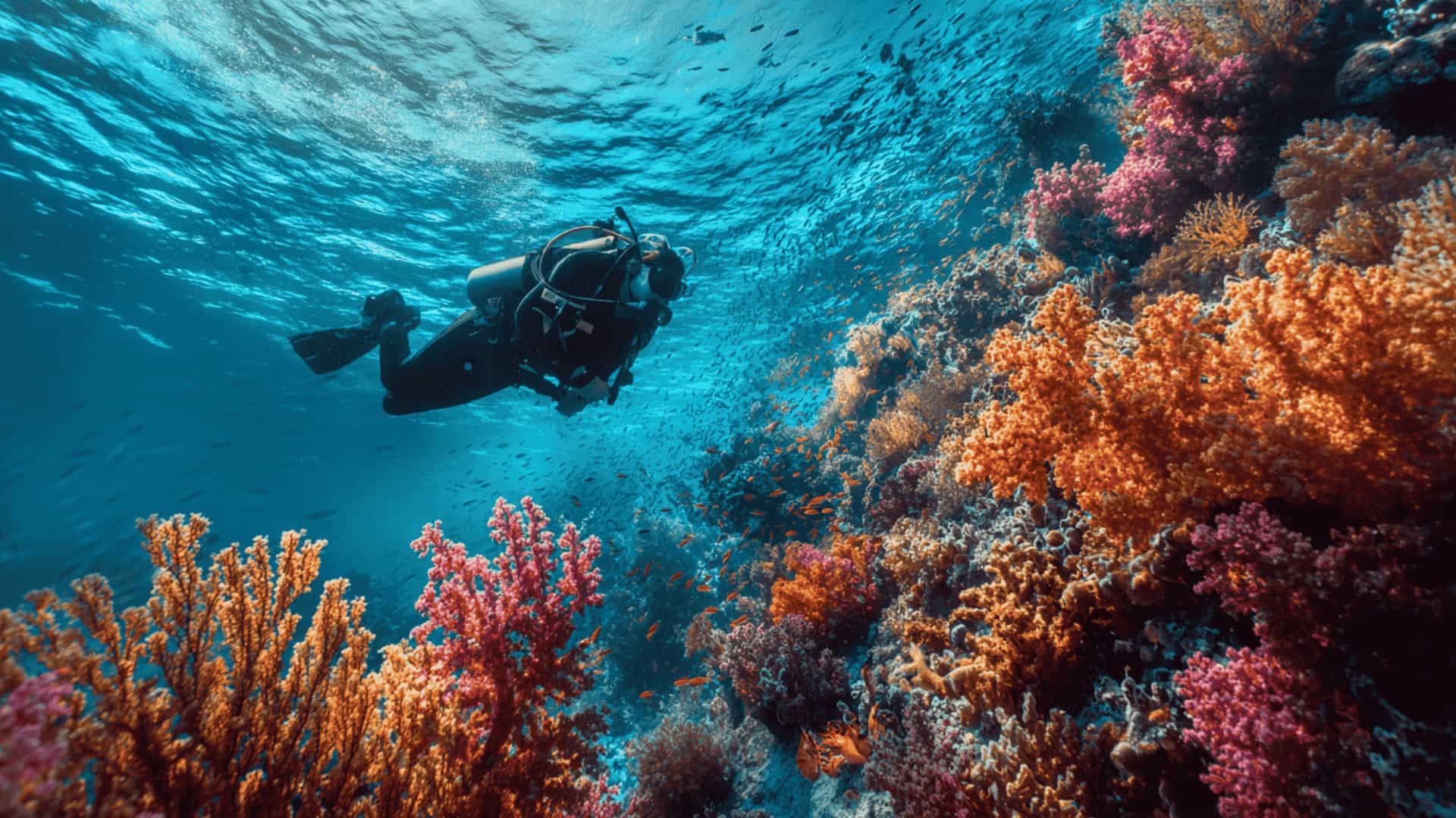 Scuba diver swimming near a coral reef at moderate depth, clear tropical water, colorful marine life, professional diving gear, bright natural sunlight