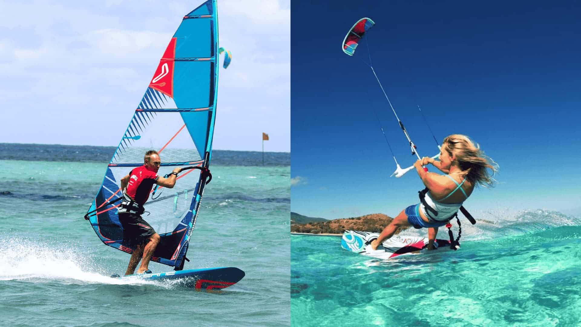 Side-by-side comparison of windsurfing and kitesurfing on clear blue water.