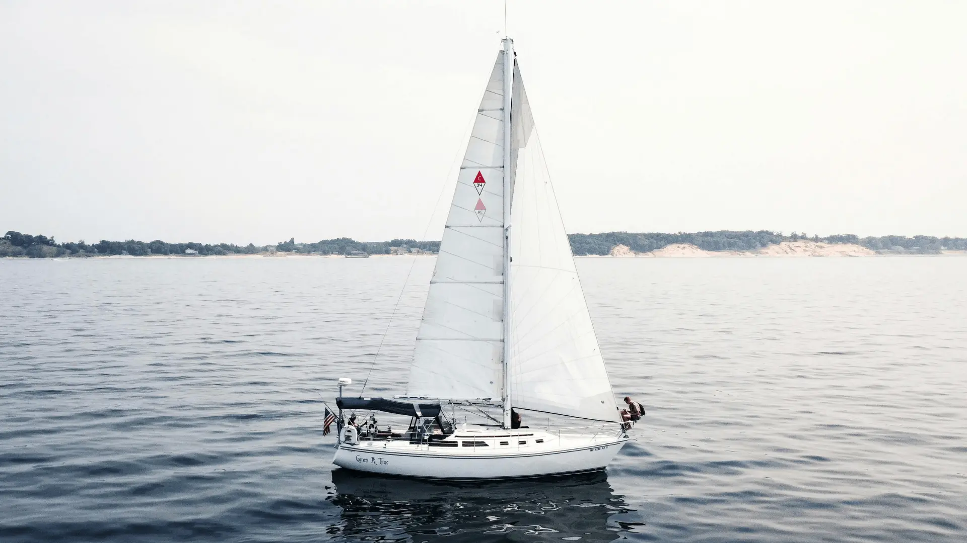 Small sailboat on calm water with sails raised, ideal for first-time sailing step-by-step practice