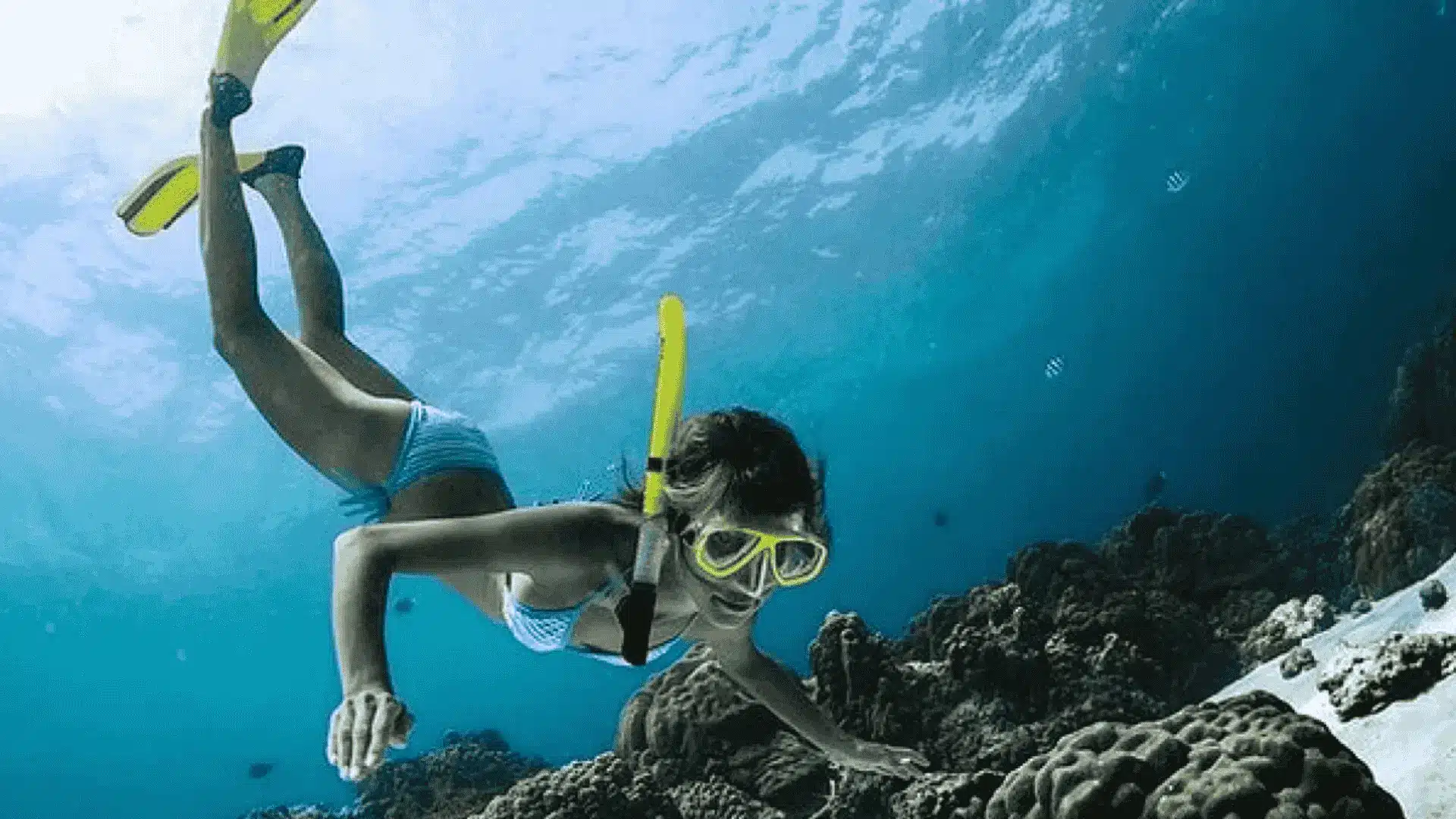 Snorkeler wearing a mask, snorkel, and yellow fins swimming underwater above a coral reef in clear blue water