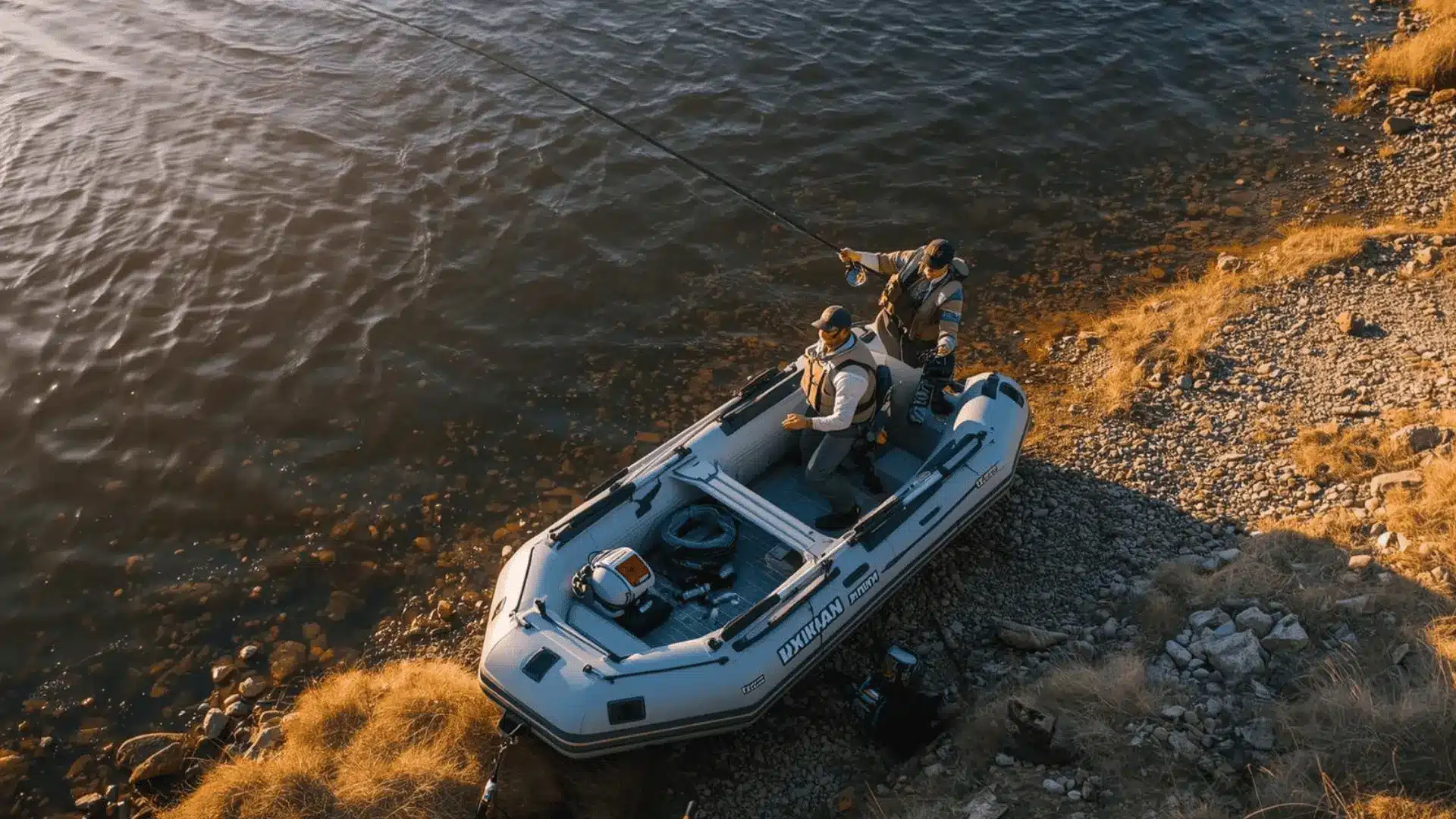 Two anglers in an inflatable boat fishing by the shore, part of a guided trip offered by AVA Rafting & Zipline