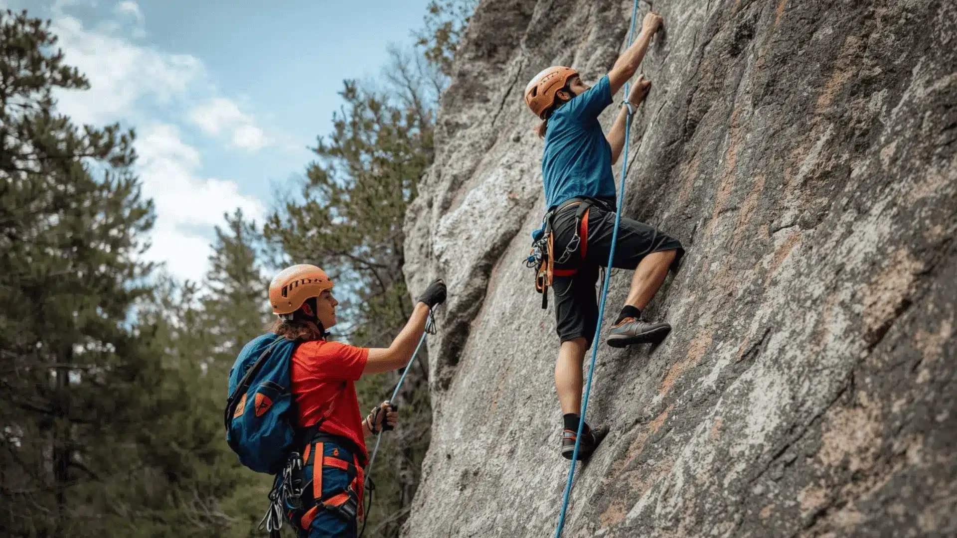 Two individuals scale a rock wall, highlighting guided climbing sessions that teach techniques and ensure safety for all