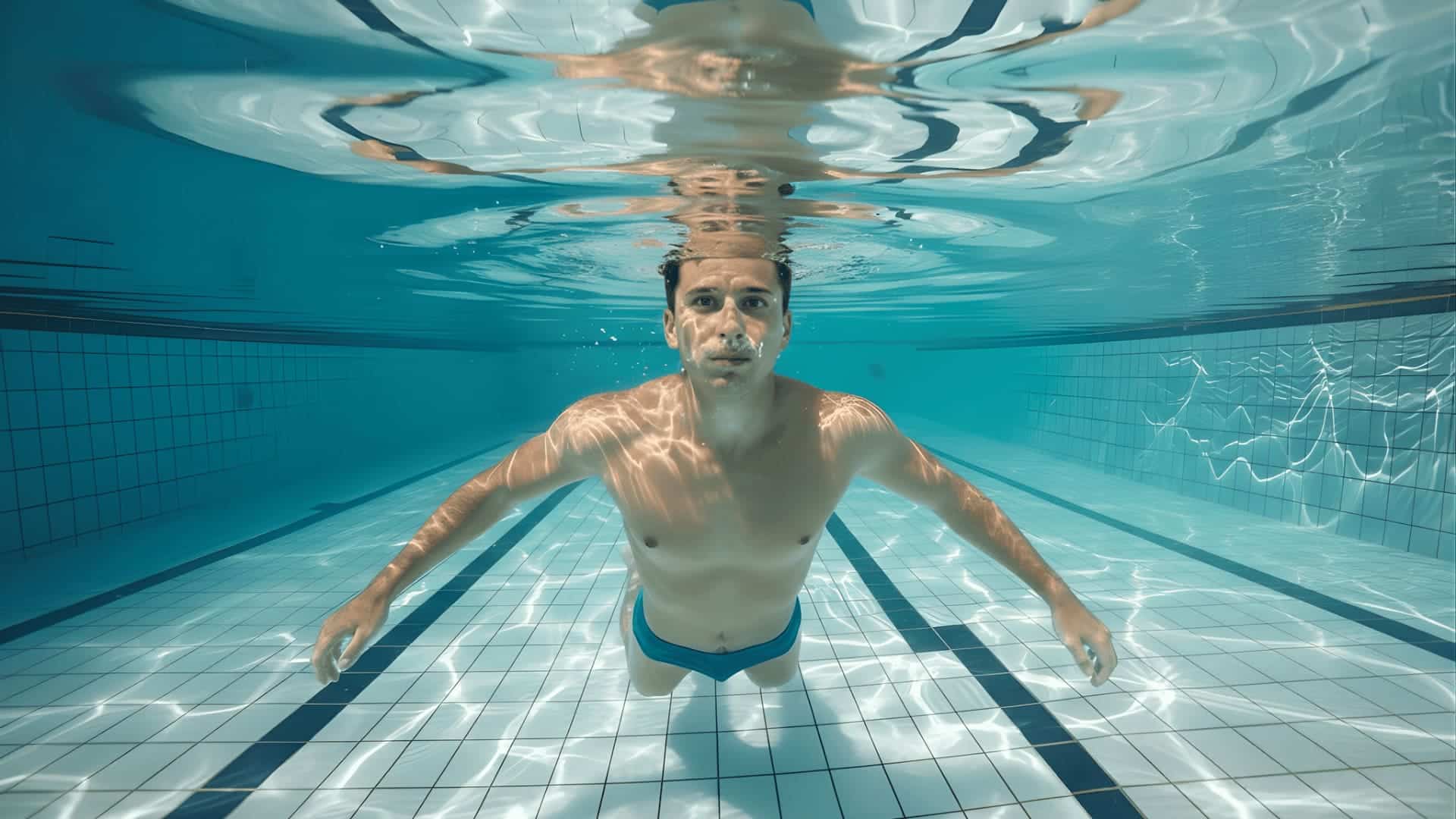 Man underwater in a swimming pool holding his breath above a tiled pool floor with lane lines visible