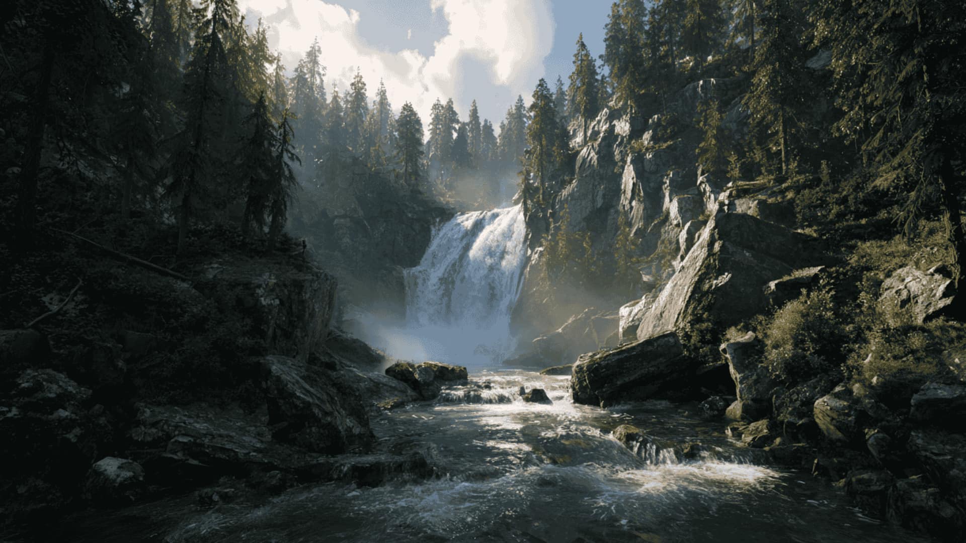 Waterfall rushing into a natural pool, lush greenery around it, powerful running water sound for stress relief