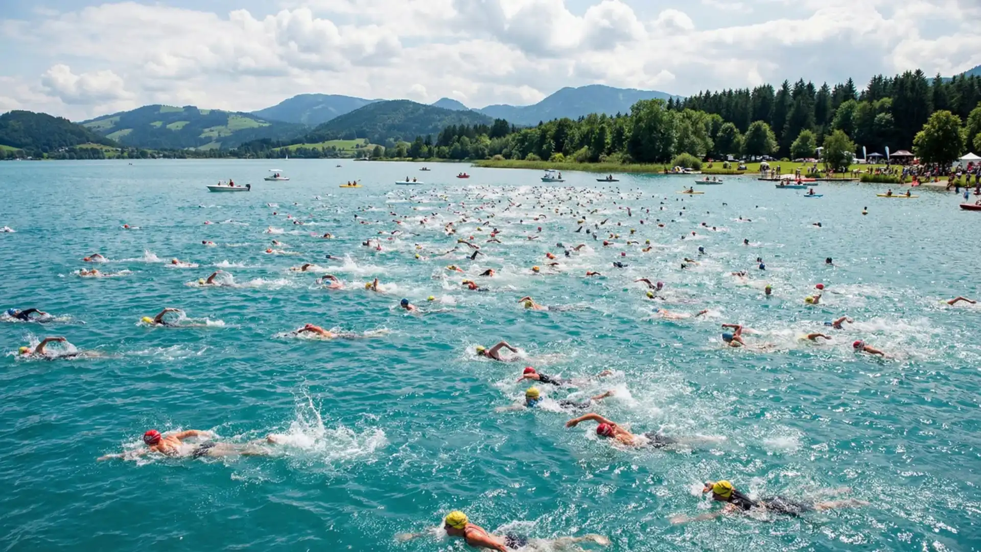 A bunch of swimmers, open water swimming in an ocean event.