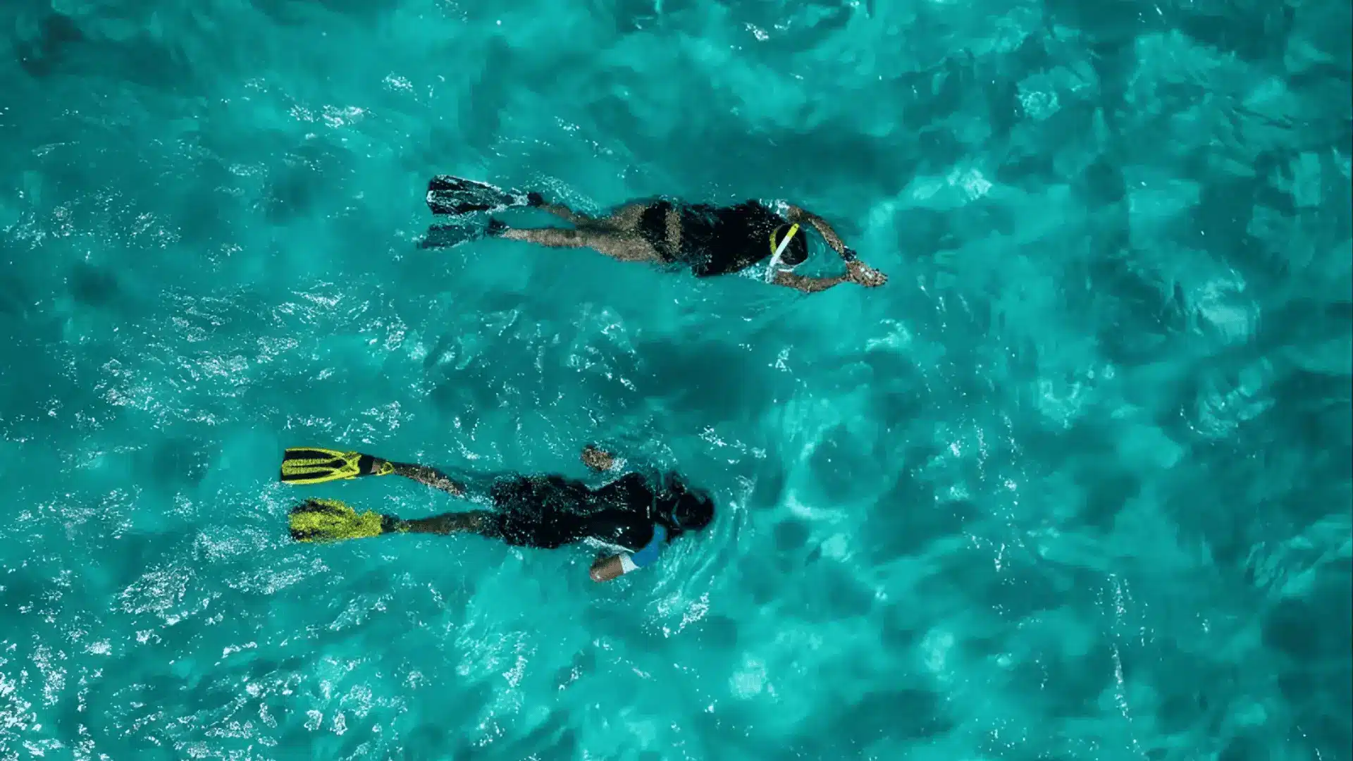 Aerial view of two snorkelers floating in bright turquoise water with fins visible beneath ripples at dawn