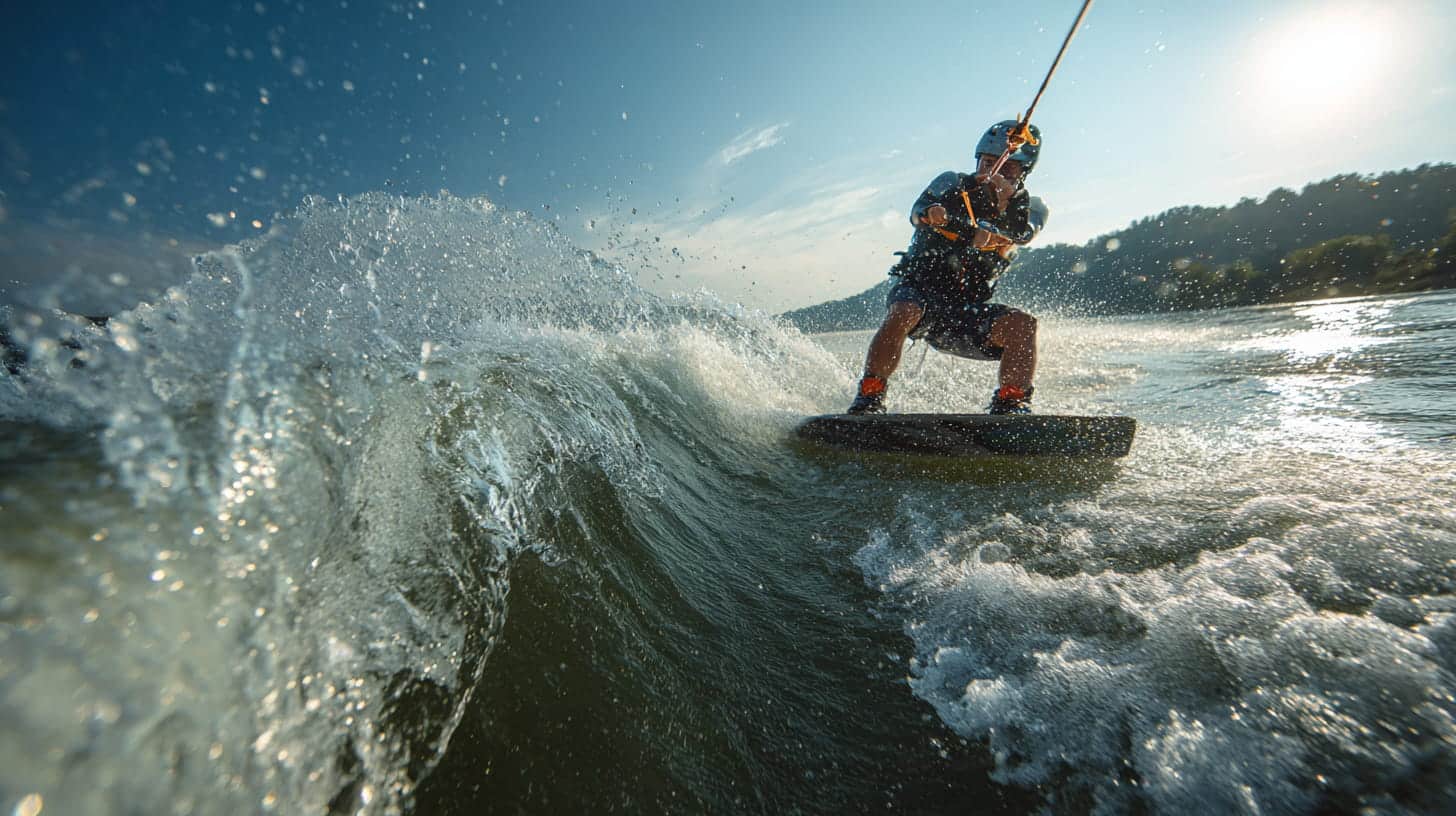 A man is wakeboarding on the waves, using different techniques to stay balanced and move smoothly.