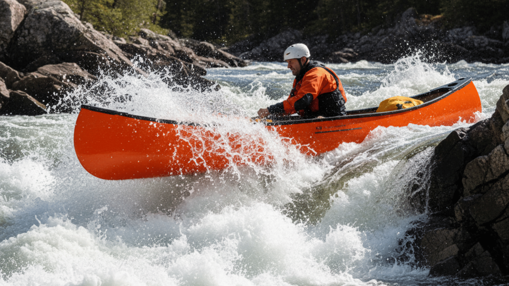 Paddler in a helmet navigating an orange whitewater canoe through splashing rapids between rocky river banks.