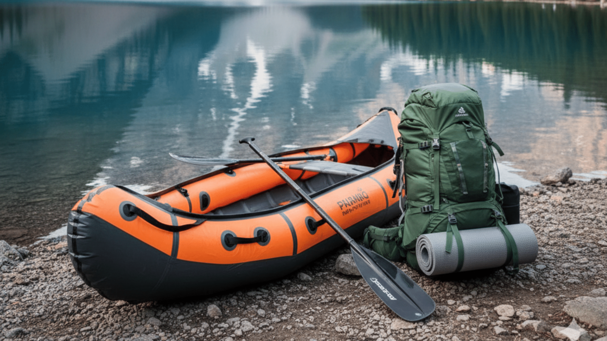 Inflatable pack canoe with paddle and hiking backpack on a rocky lakeshore with calm water and mountain reflections.