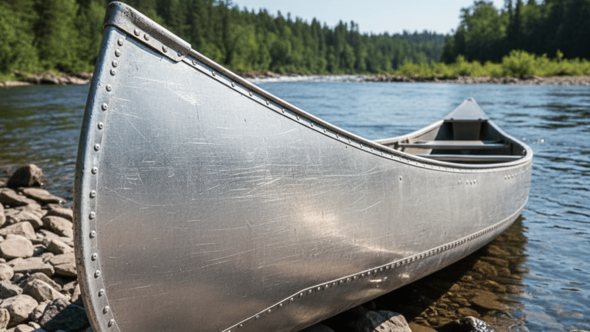 Durable aluminum canoe resting on a rocky riverbank beside calm flowing water with a forested shoreline in the background.