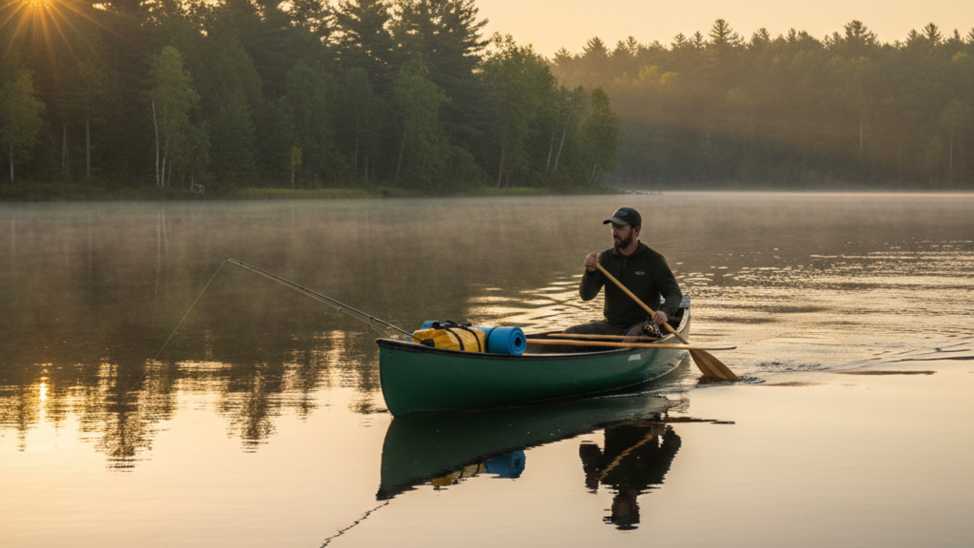 Man paddling a green canoe on a calm, misty lake at sunrise with fishing gear and forest shoreline in the background.