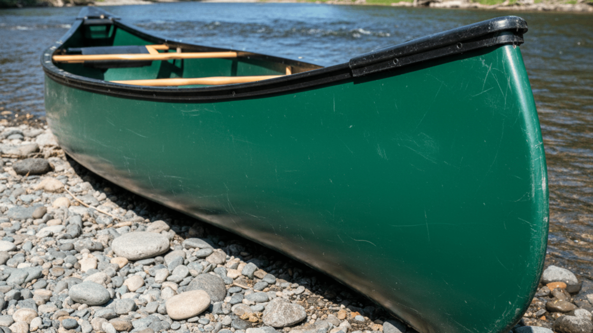Green ABS plastic canoe resting on a rocky riverbank beside gently flowing water.