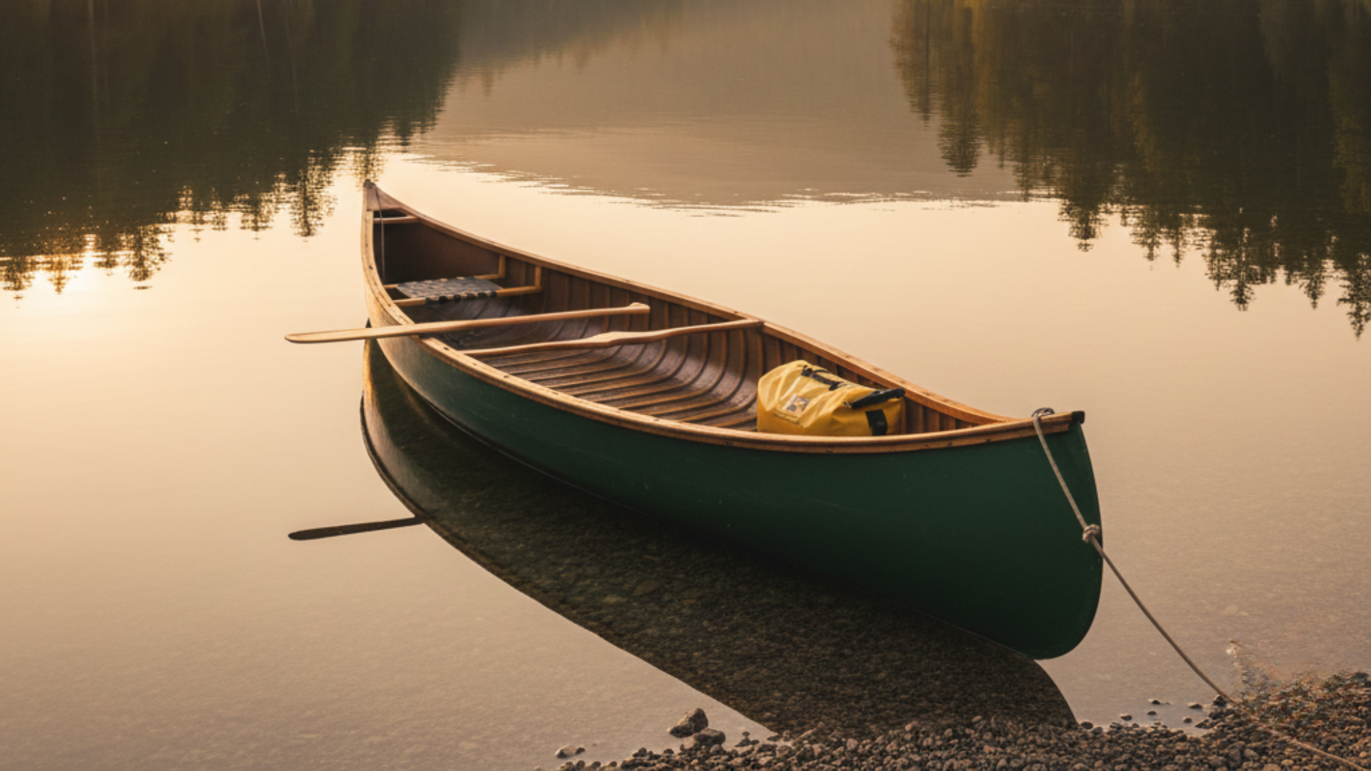 Green canoe with paddle and dry bag tied near shore on a calm lake with forest reflections at sunset.