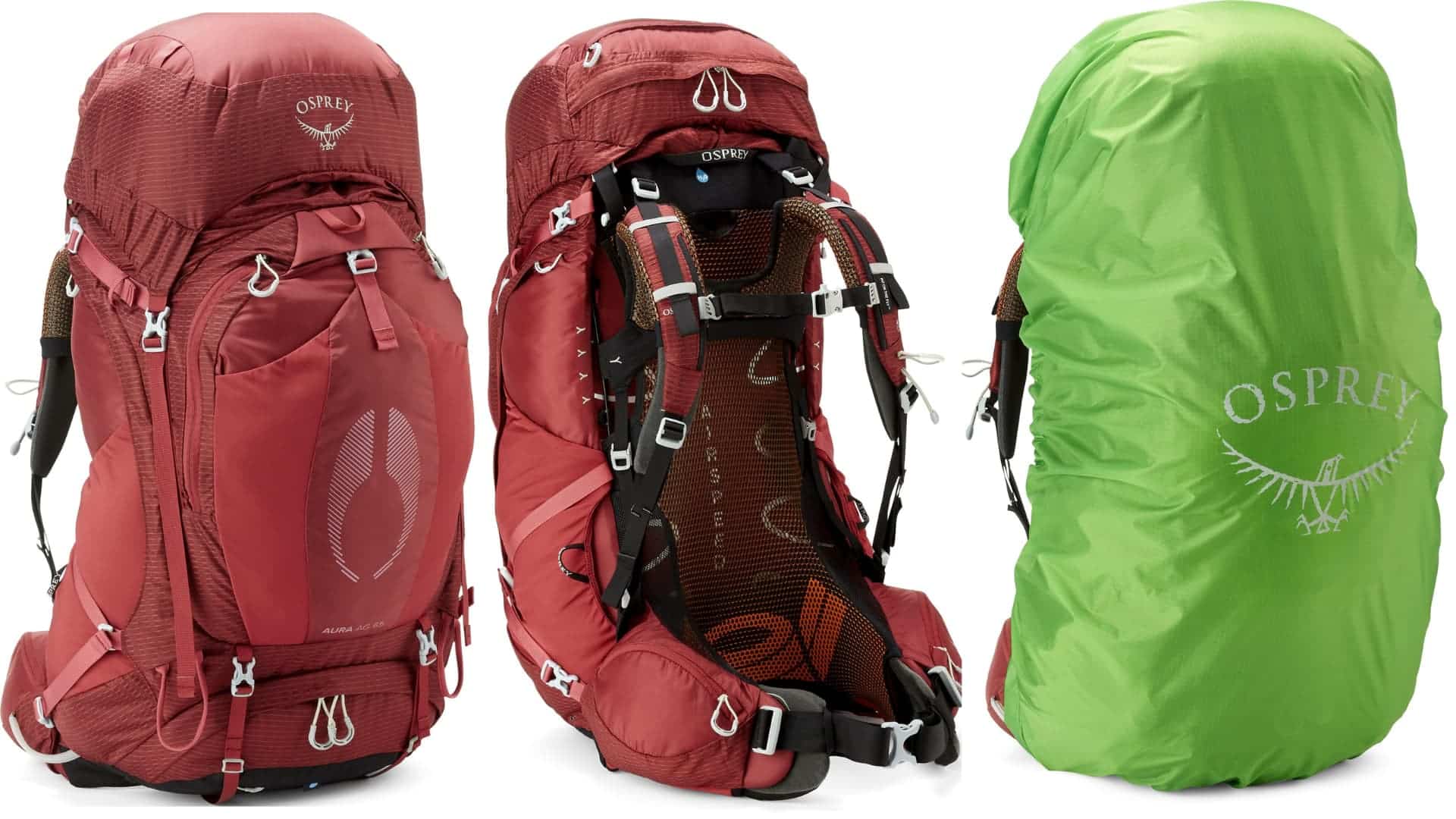 Osprey Aura AG 65 women’s backpack shown from front and back with AntiGravity suspension system and included green raincover.