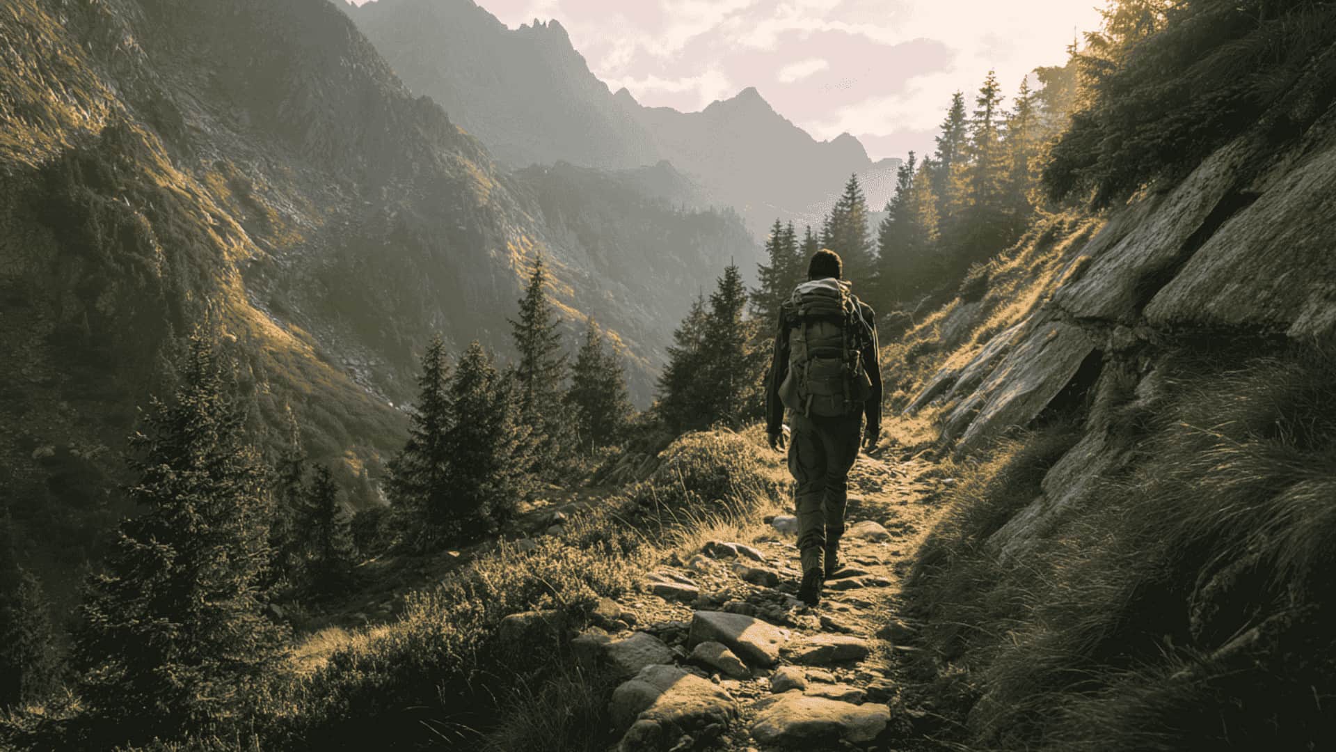 Hiker walking on a rocky mountain trail wearing a lightweight backpacking pack during golden hour