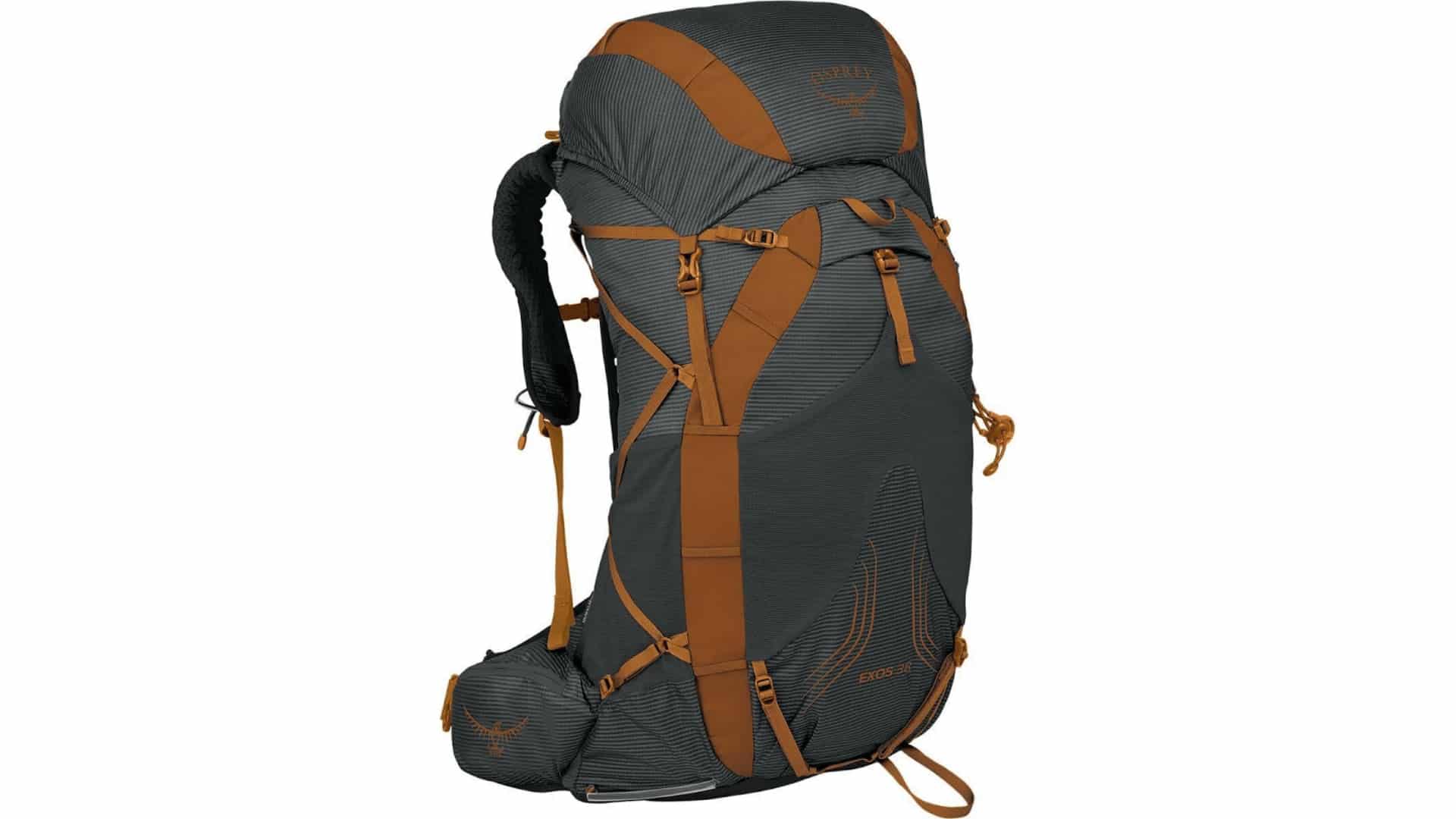 Osprey Exos 38 lightweight backpacking pack with AirSpeed mesh back panel and hip belt pockets for ultralight hiking trips.