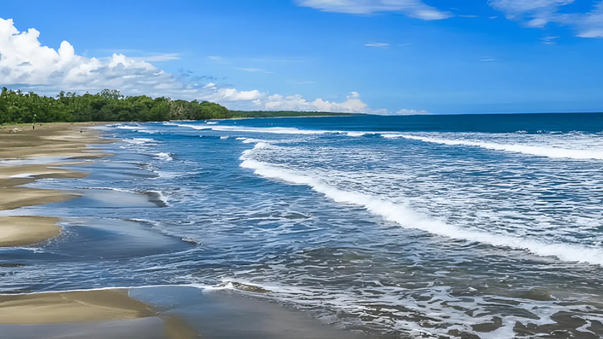 Playa Negra beach in Guanacaste, showcasing rolling waves and sandy shores, framed by dramatic volcanic rock formations.
