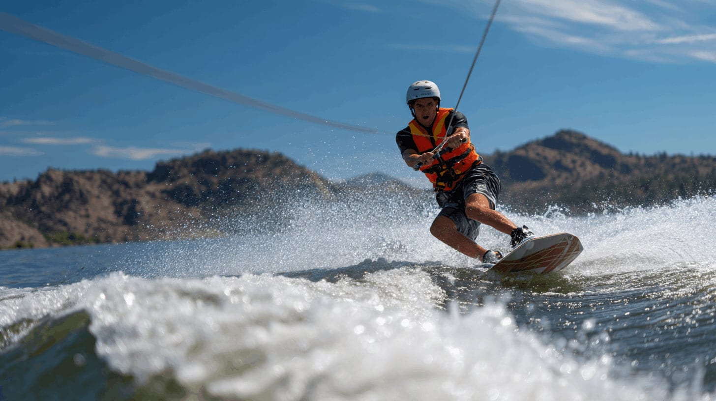 Man with a life vest and a helmetwakeboarding in the ocean