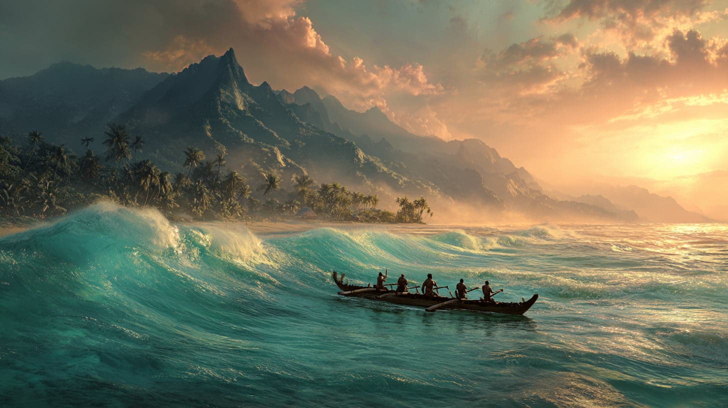 Illustration of traditional Hawaiian surfing culture showing an ali’i chief riding.