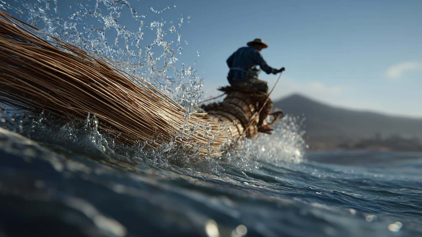 Ancient wave riding scenes showing Peruvian fishermen on reed caballitos de totora.